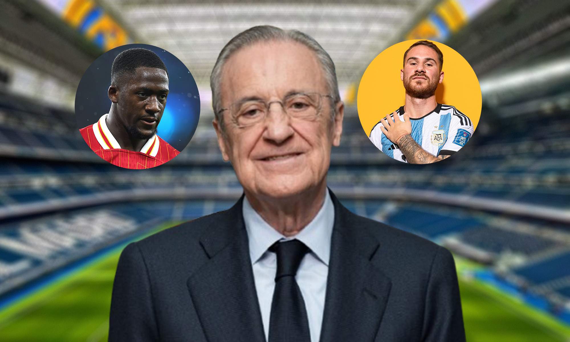 Florentino Pérez y unas fotos de Konaté y Mac Allister.