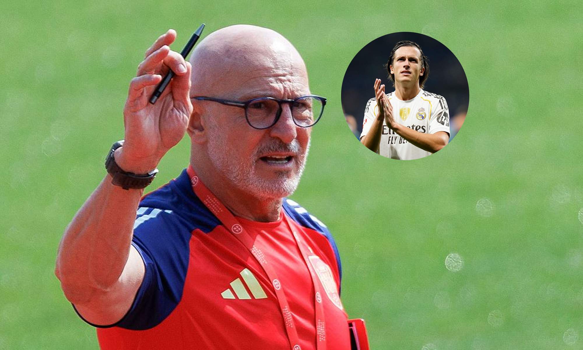 Luis de la Fuente y una foto de Álvaro Carreras con el Real Madrid.