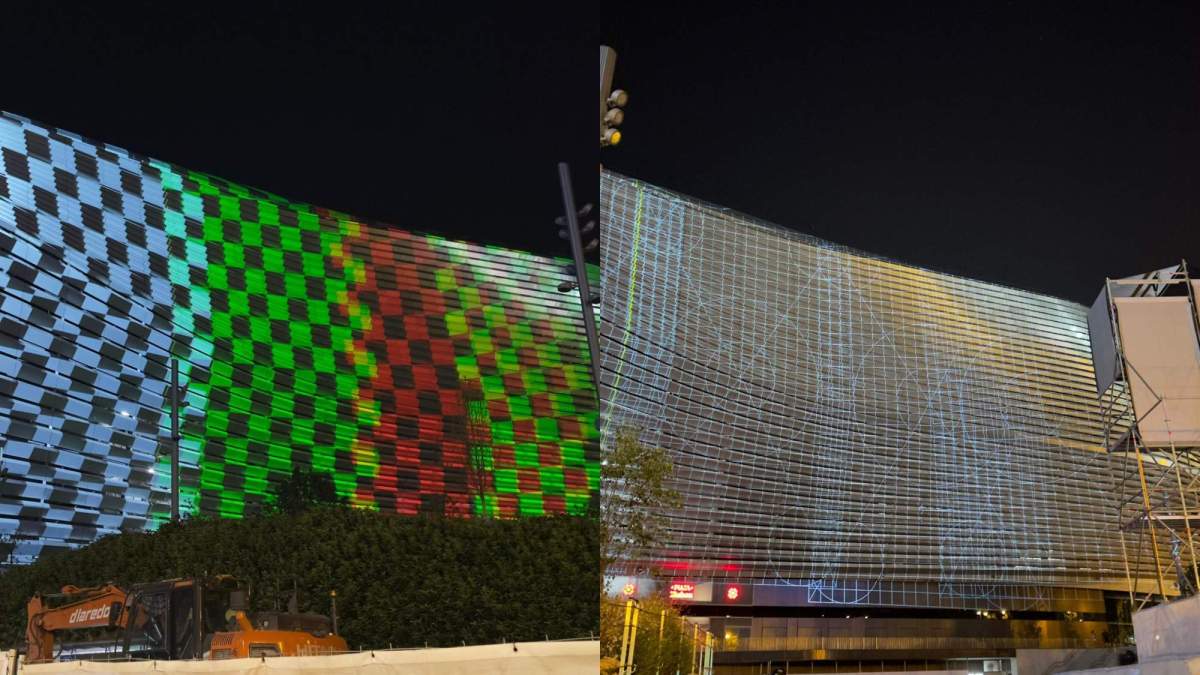 El Madrid ya ha empezado con las pruebas en la proyección de luces e imágenes en la fachada del Santiago Bernabéu.