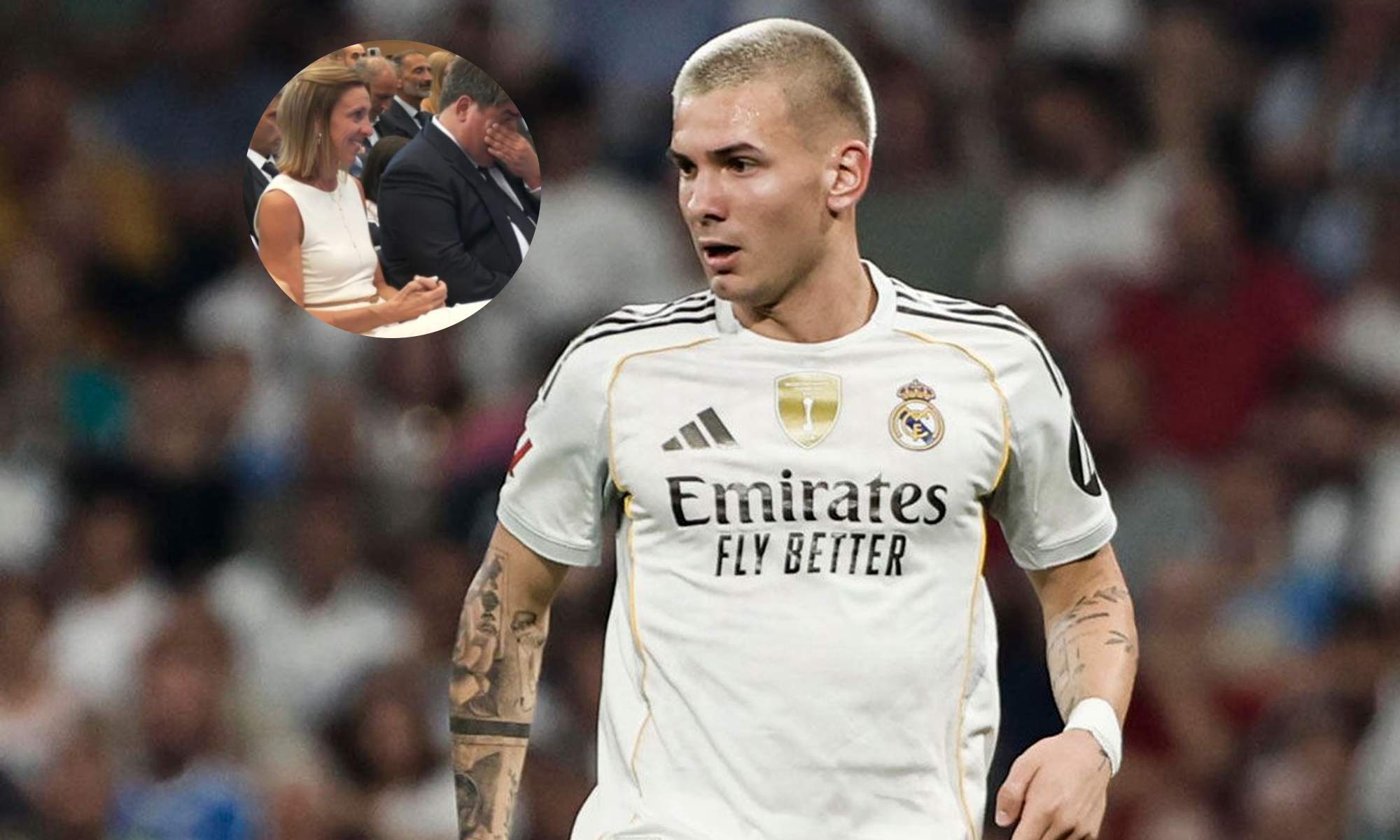 Franco Mastantuono jugando un partido con el Real Madrid y una foto de su familia.