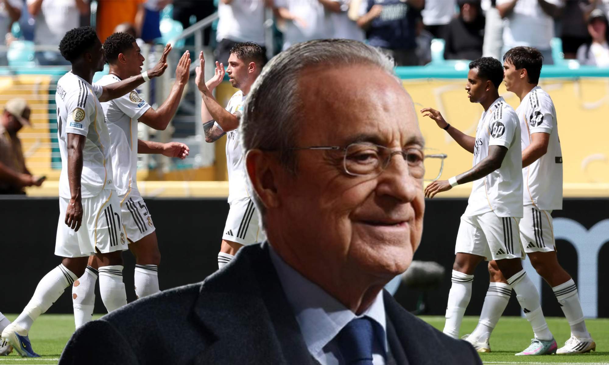 Florentino Pérez y una foto de los jugadores del Real Madrid celebrando un gol.