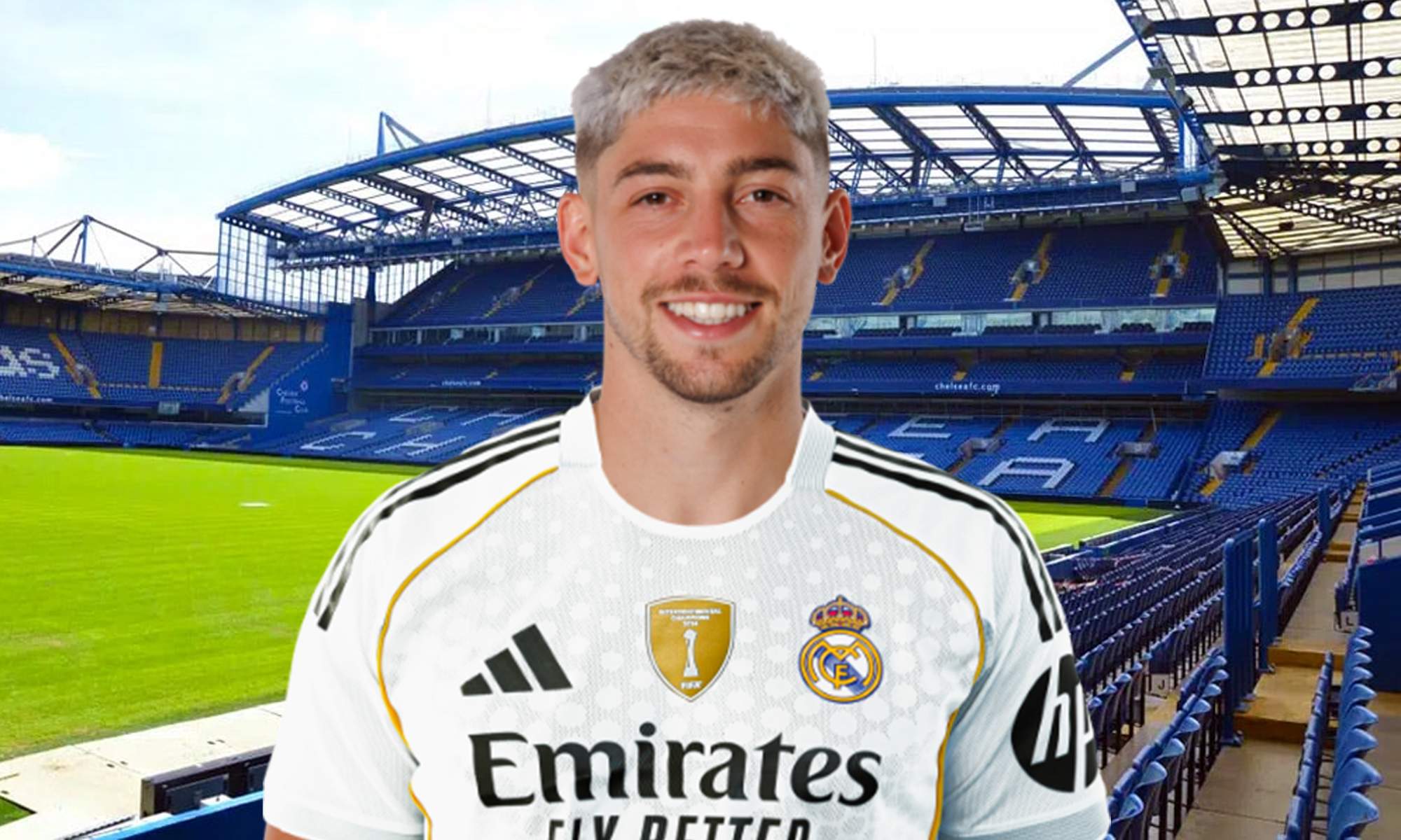 Fede Valverde con la nueva camiseta del Real Madrid y el estadio de Stamford Bridge. Fede Valverde con la nueva camiseta del Real Madrid y el estadio de Stamford Bridge.