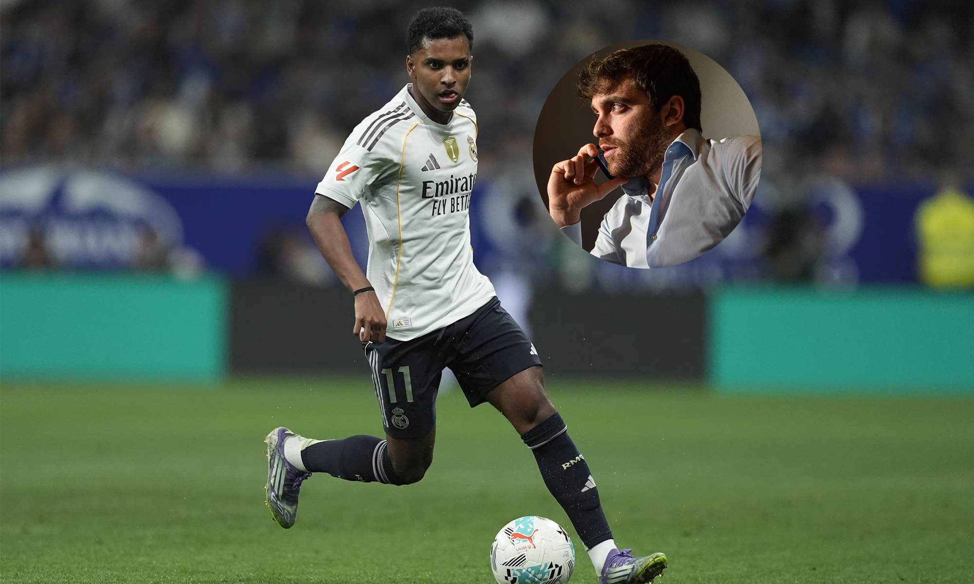 Rodrygo Goes jugando contra el Real Oviedo y una foto de Fabrizio Romano. Rodrygo Goes jugando contra el Real Oviedo y una foto de Fabrizio Romano.