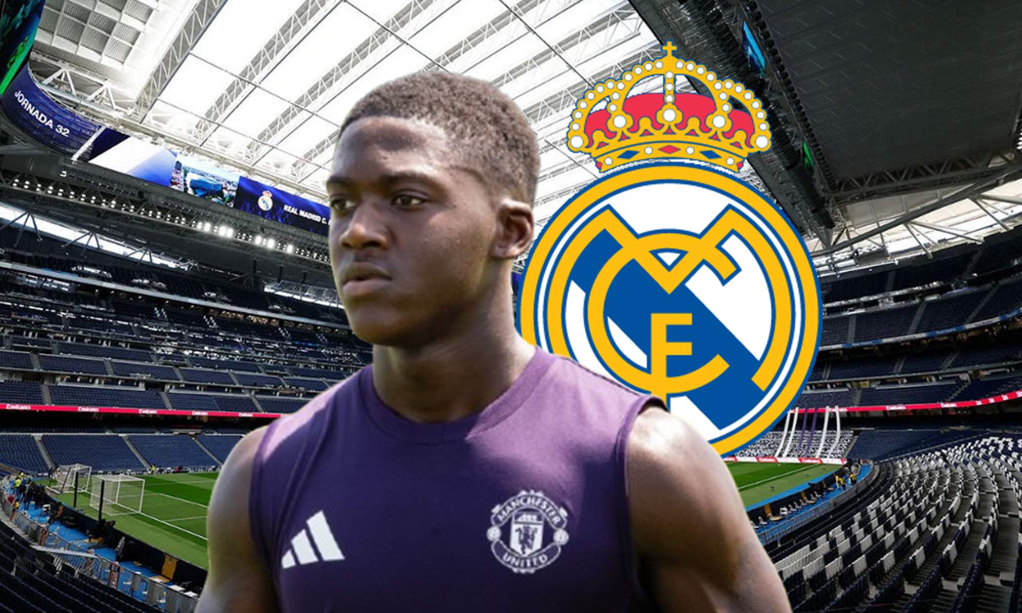 Kobbie Mainoo, el escudo del Real Madrid y el Santiago Bernabéu.