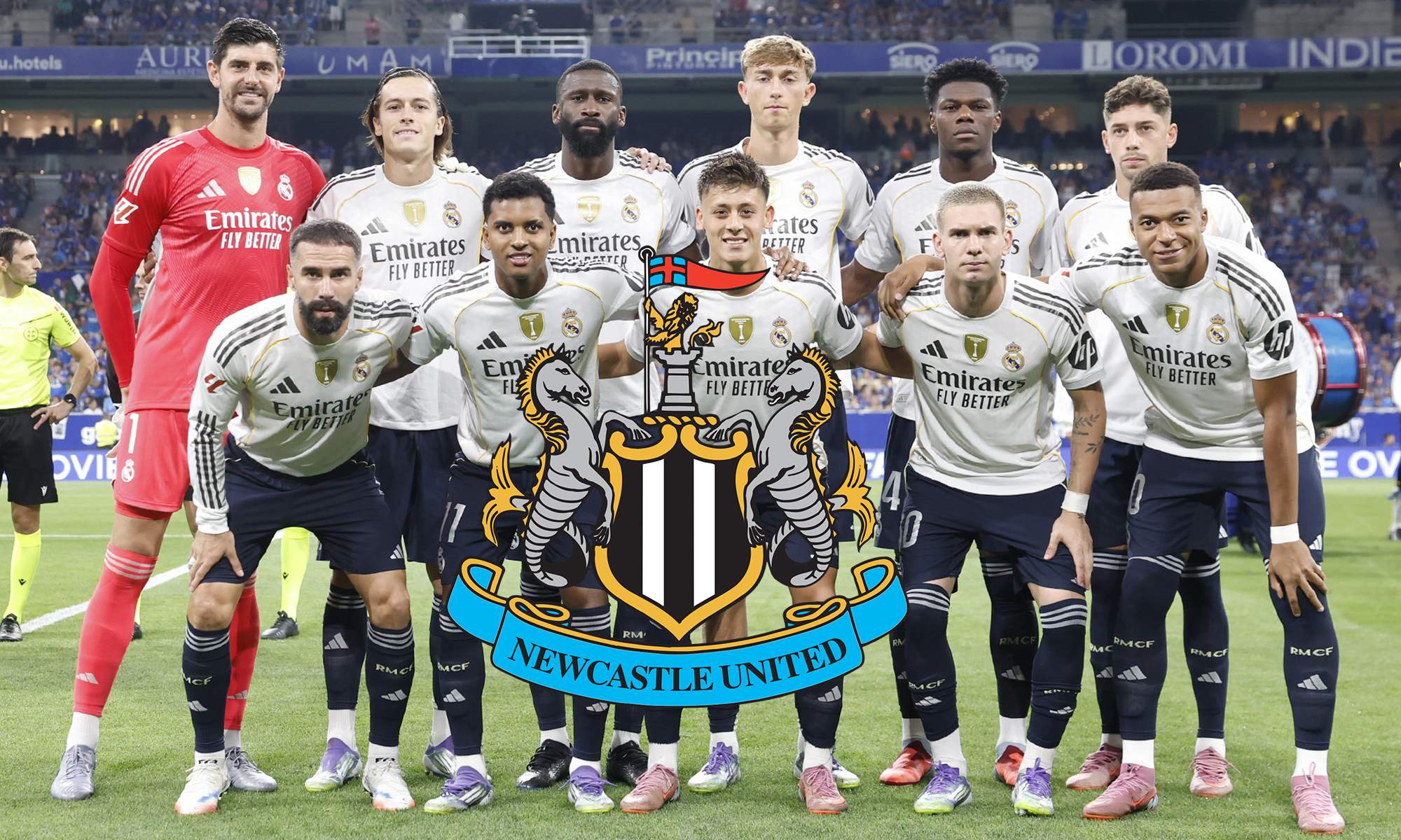 Once del Real Madrid contra el Real Oviedo y el escudo del Newcastle.