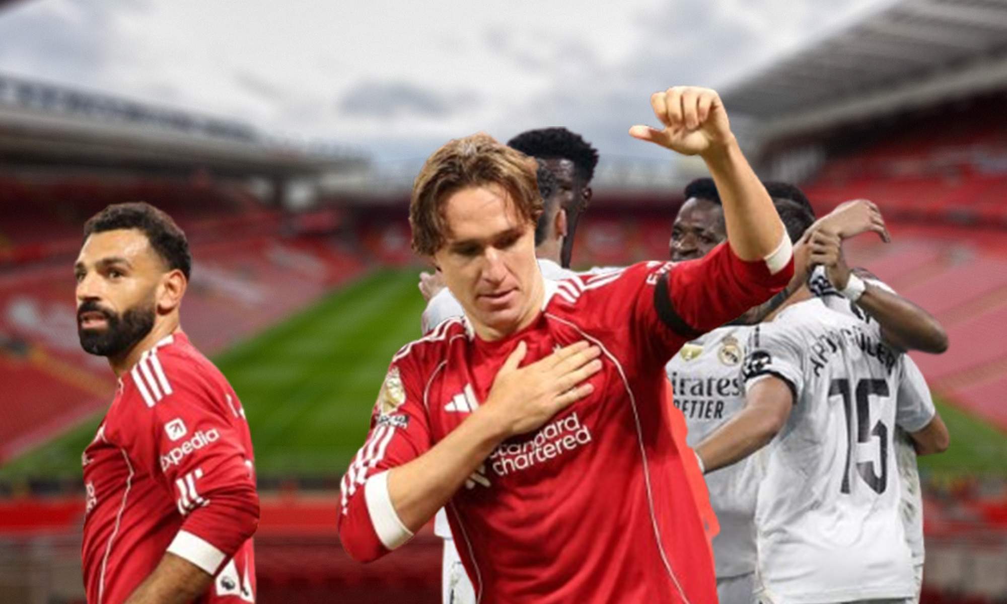 Jugadores del Liverpool y del Real Madrid junto al estadio de Anfield.  Jugadores del Liverpool y del Real Madrid junto al estadio de Anfield.