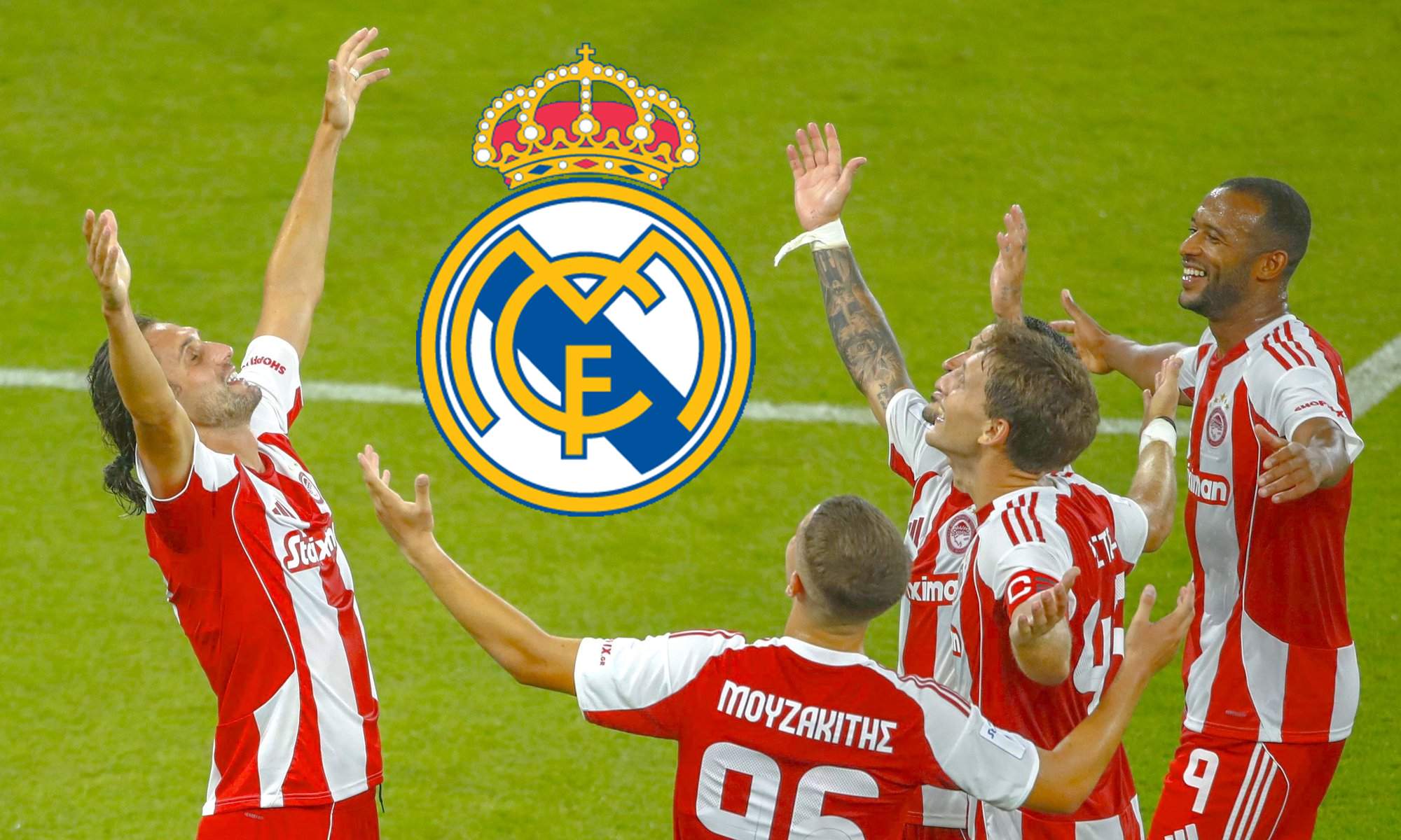 Jugadores del Olympiacos celebrando y el escudo del Real Madrid. 