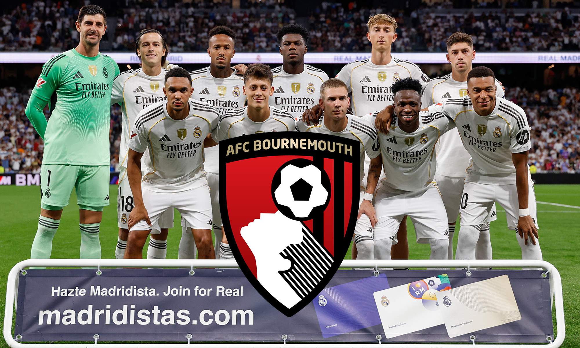Once del Real Madrid contra el Mallorca y el escudo del Bournemouth.