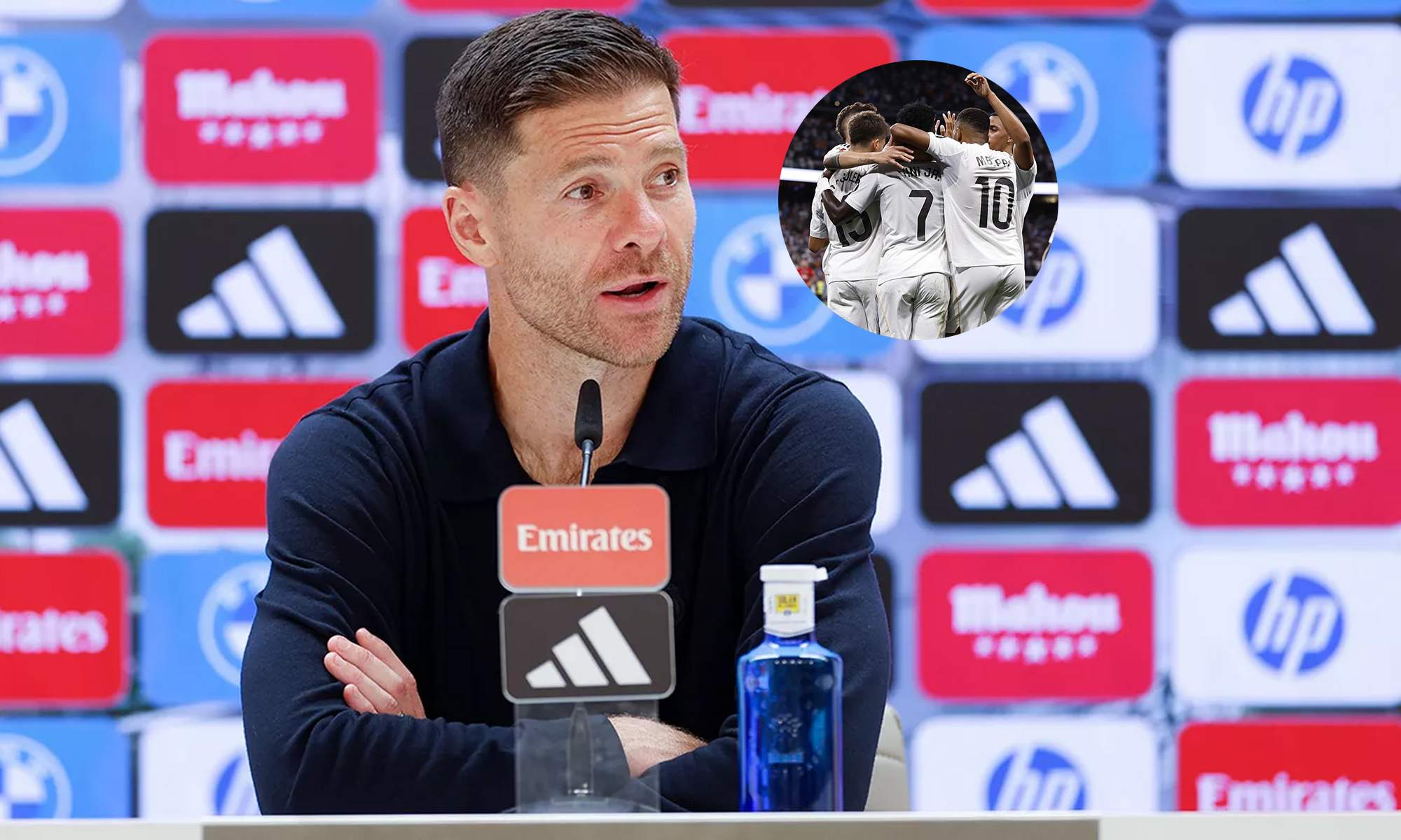 Xabi Alonso en rueda de prensa y los jugadores del Real Madrid celebrando un gol.