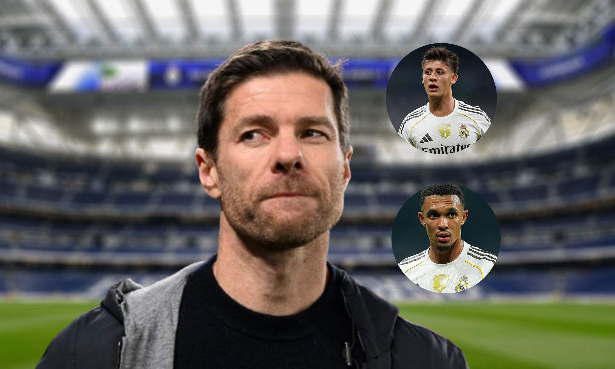 Xabi Alonso y una foto de Arda Güler y Trent Alexander-Arnold. 