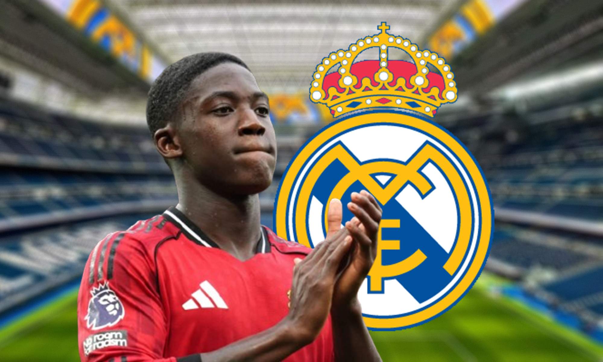 Kobbie Moinoo, escudo del Real Madrid y el Santiago Bernabéu.