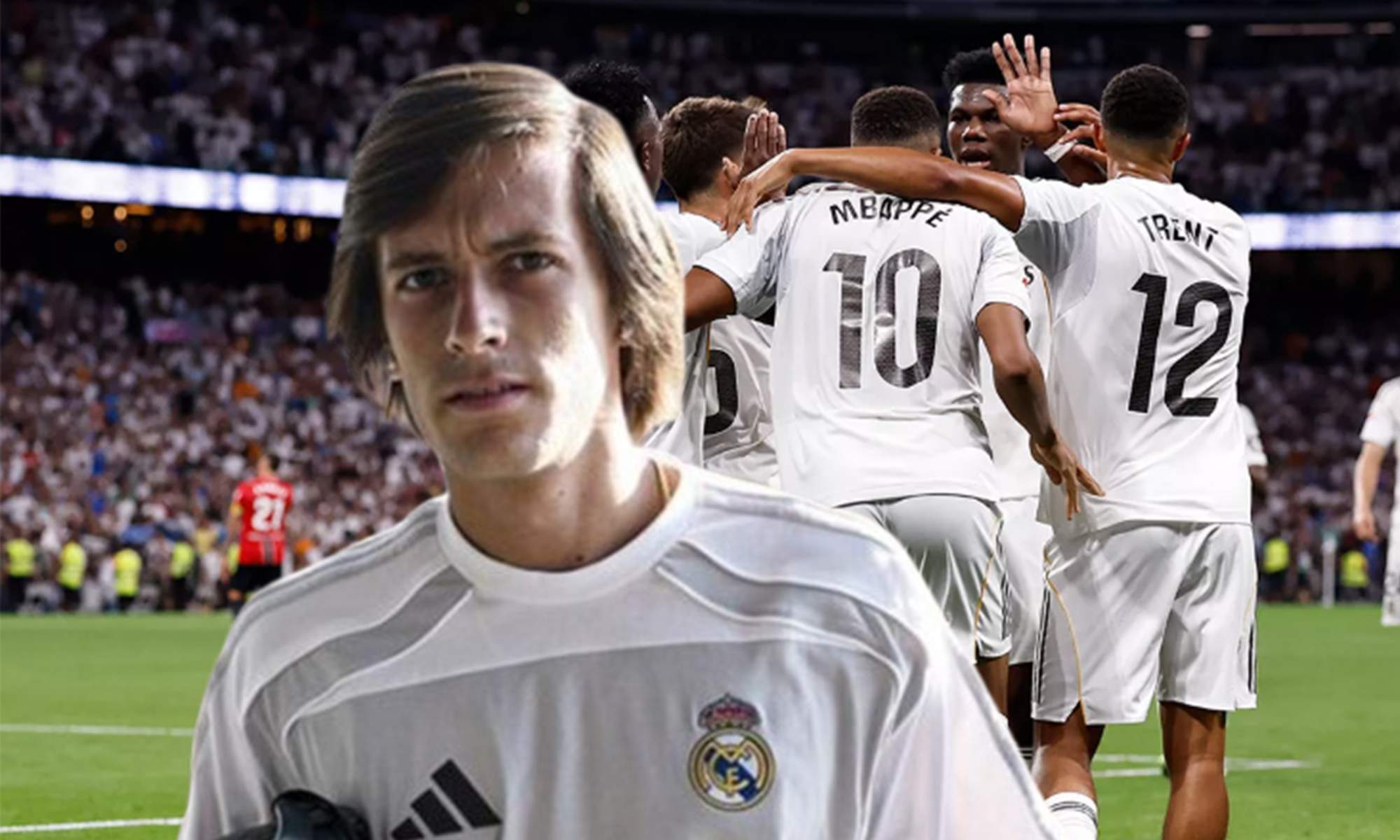 Álvaro Carreras y jugadores del Real Madrid celebrando un gol. 