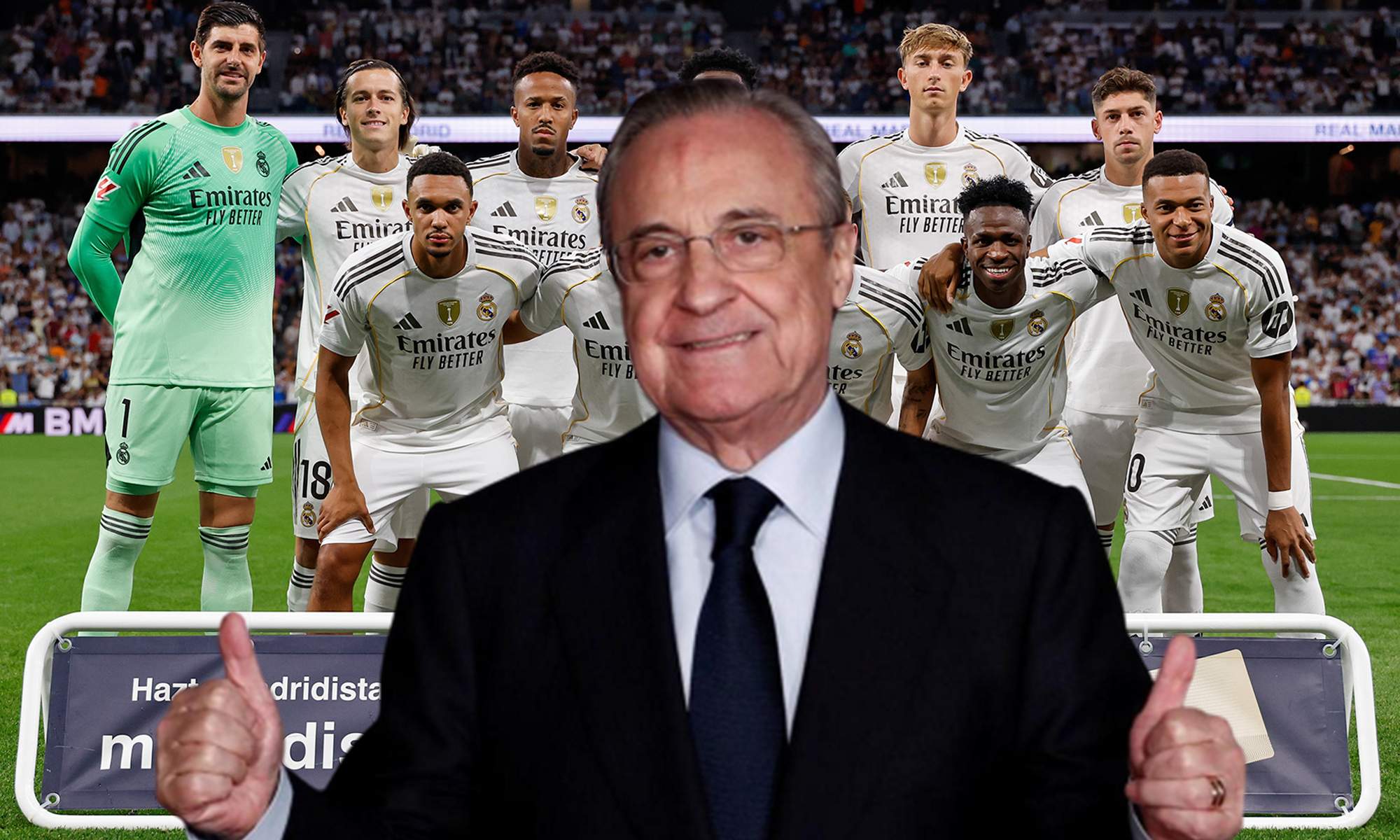 Florentino Pérez y el once del Real Madrid contra el Mallorca. 