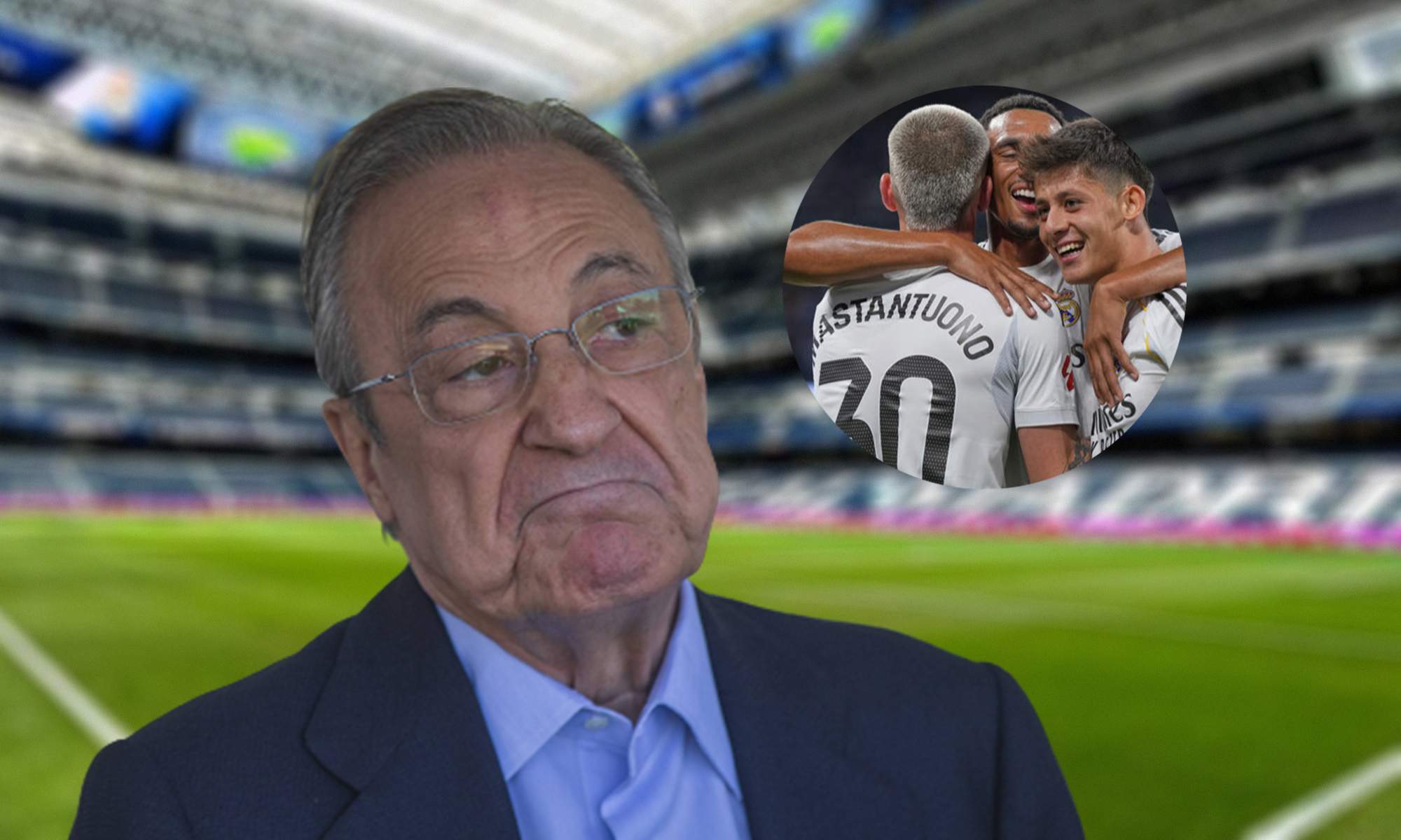 Florentino Pérez y una foto de Franco Mastantuono, Trent Alexander-Arnold y Arda Güler.