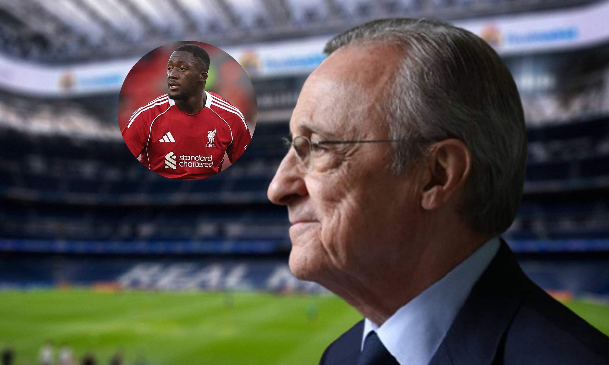 Florentino Pérez y una foto de Ibrahima Konaté con el Liverpool.