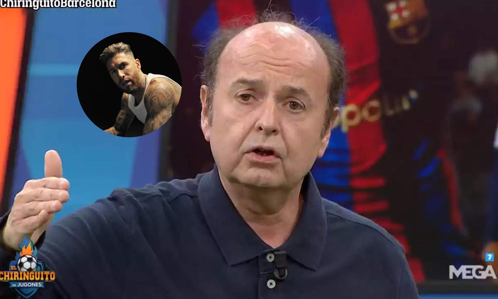 Juanma Rodríguez en El Chiringuito y una foto de Sergio Ramos en el videoclip.  Juanma Rodríguez en El Chiringuito y una foto de Sergio Ramos en el videoclip.