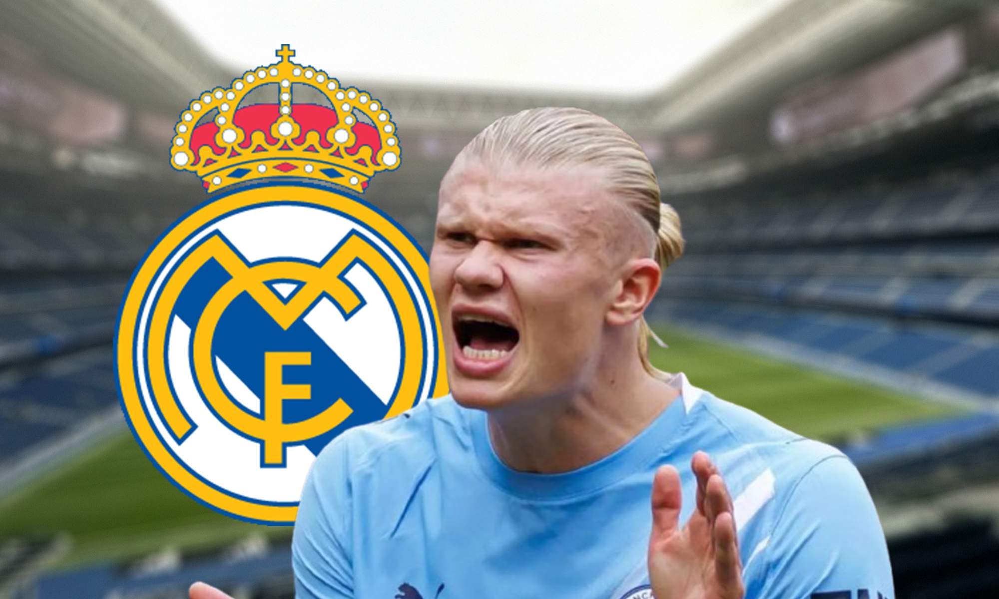 Erling Haaland, escudo del Real Madrid y el Santiago Bernabéu.