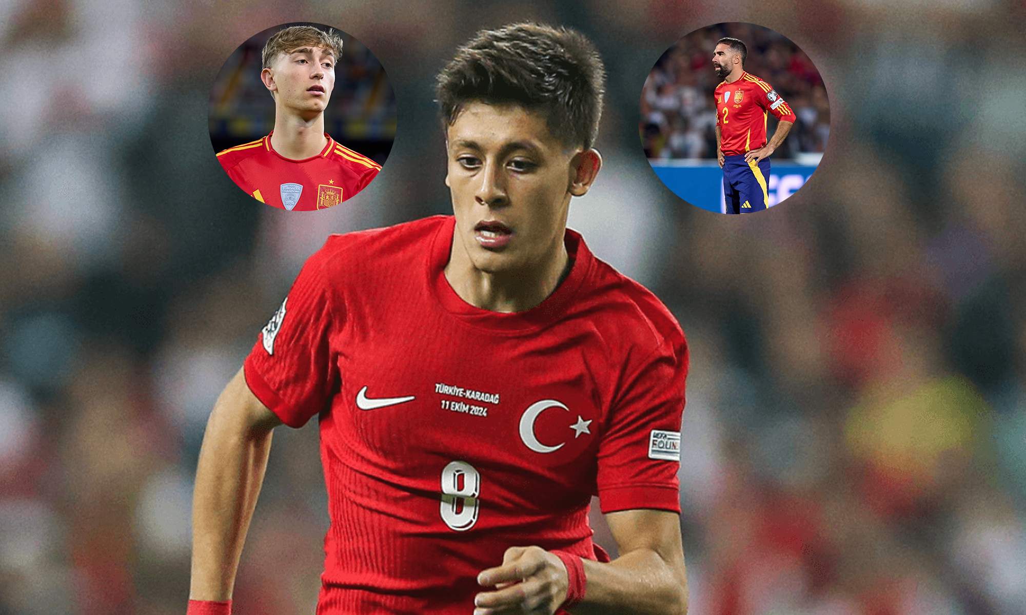 Arda Güler jugando con Turquía y unas fotos de Huijsen y Carvajal.