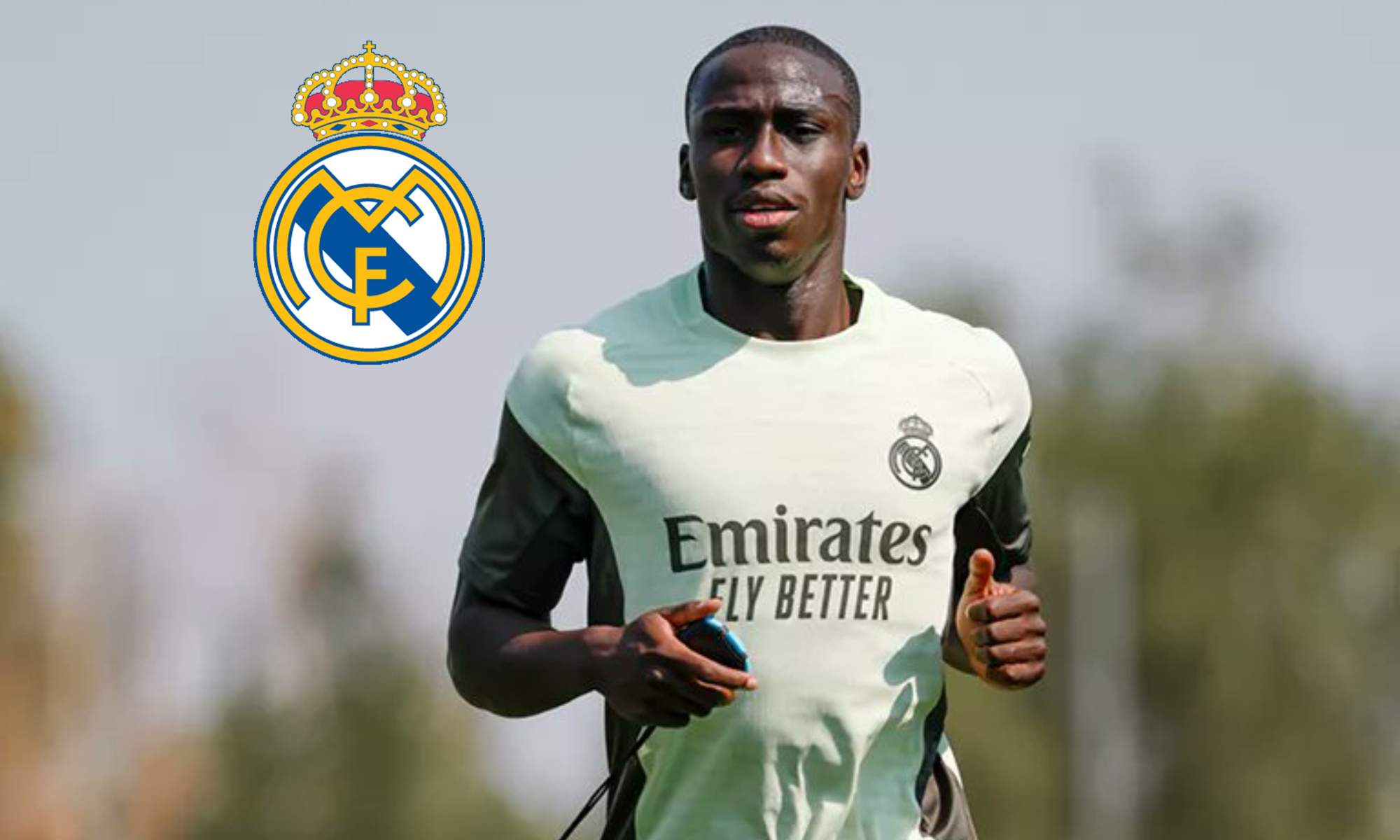 Ferland Mendy entrenando y un escudo del Real Madrid. Ferland Mendy entrenando y un escudo del Real Madrid.
