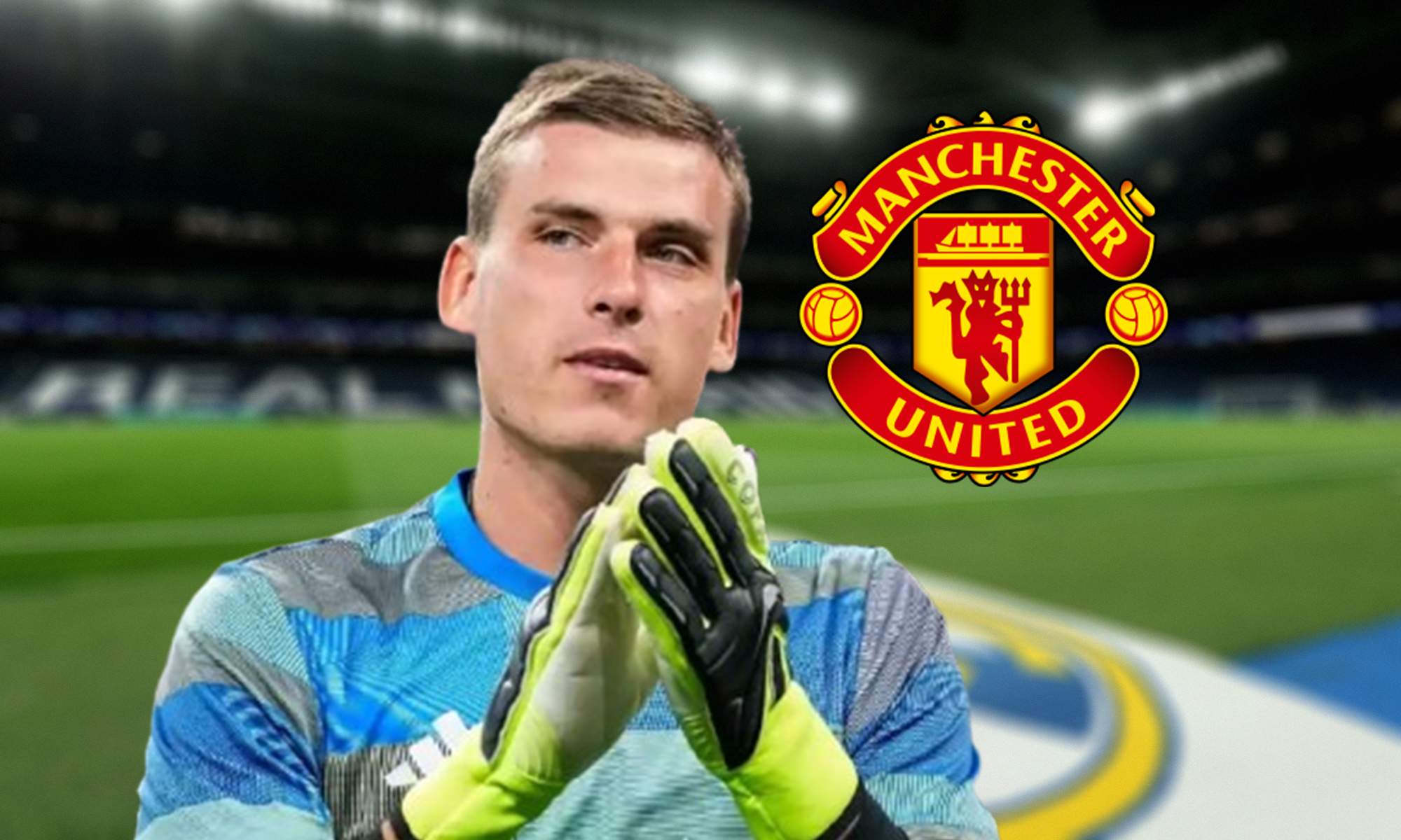Andriy Lunin y el escudo del Manchester United.
