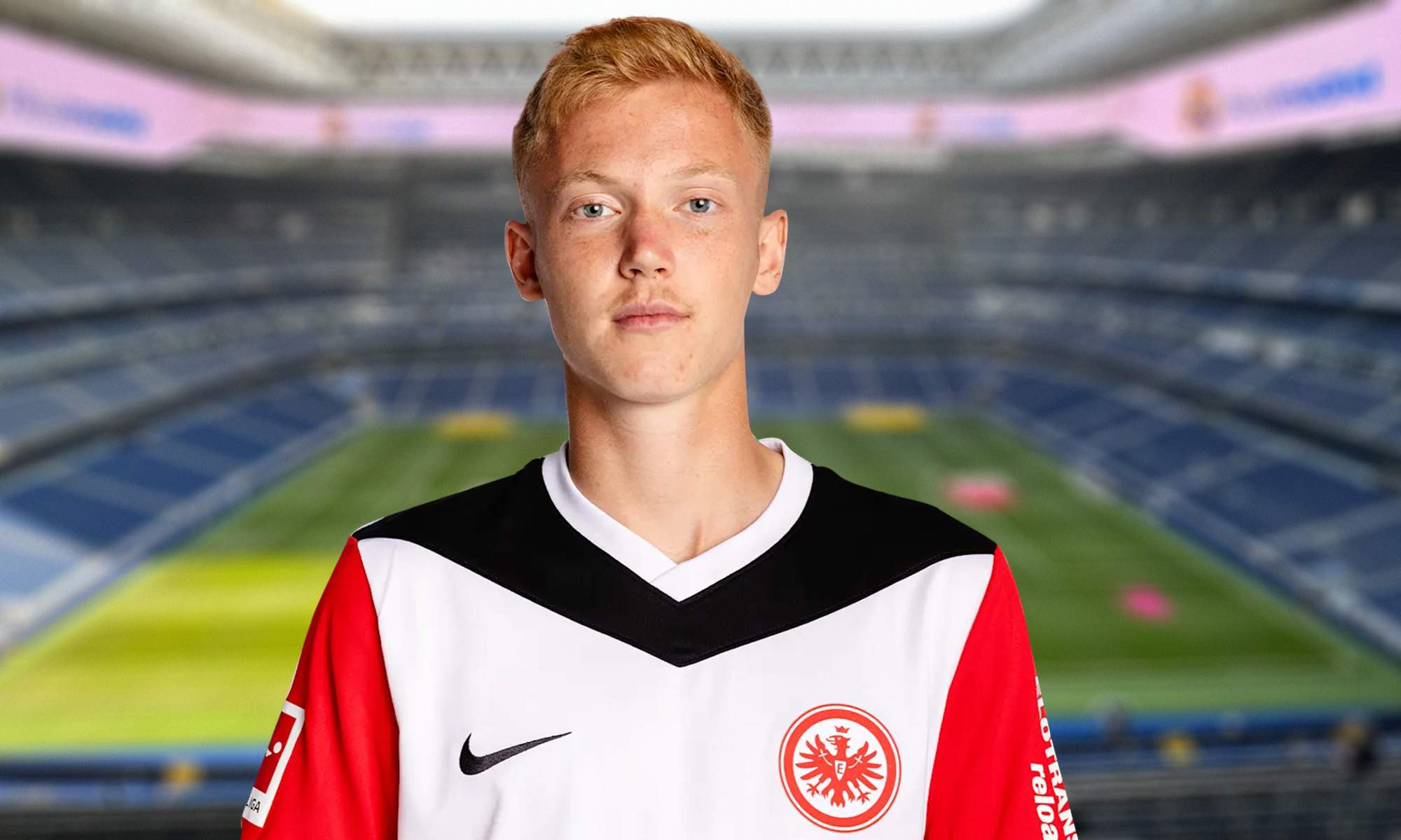 Hugo Larsson con la camiseta del Eintracht Fráncfort y el Santiago Bernabéu.
