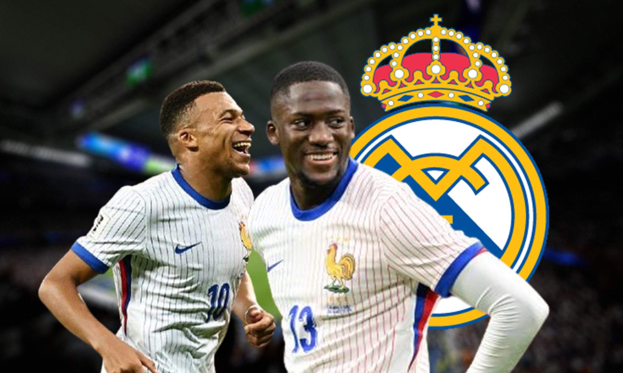 Kylian Mbappé, Ibrahima Konaté y el escudo del Real Madrid.