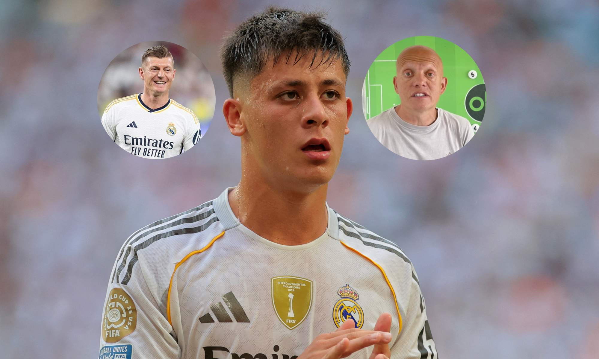 Arda Güler en un partido del Real Madrid y unas fotos de Toni Kroos y Marcos López.
