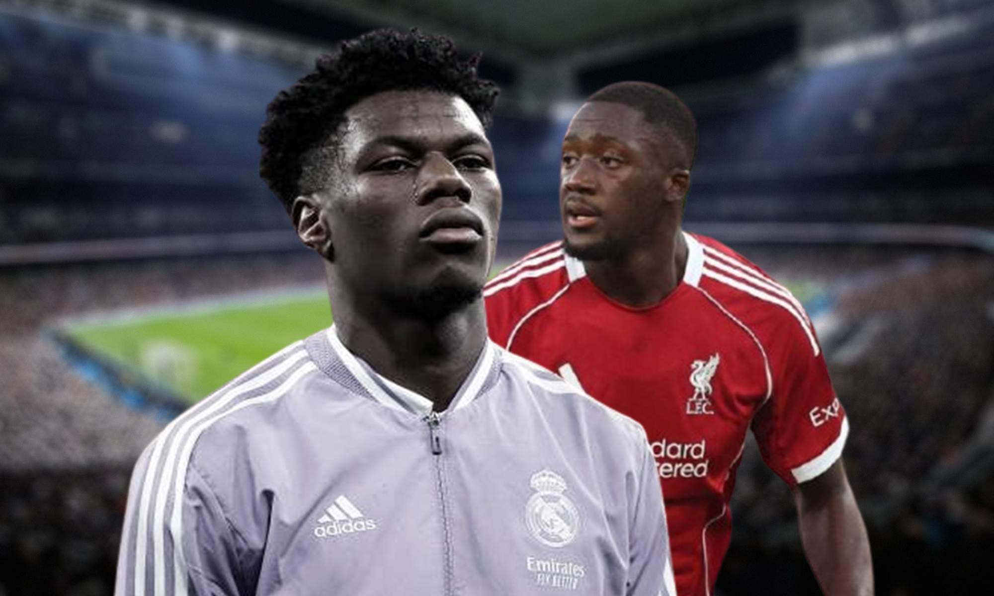 Aurélien Tchouaméni, Ibrahima Konaté y el Santiago Bernabéu. Aurélien Tchouaméni, Ibrahima Konaté y el Santiago Bernabéu.
