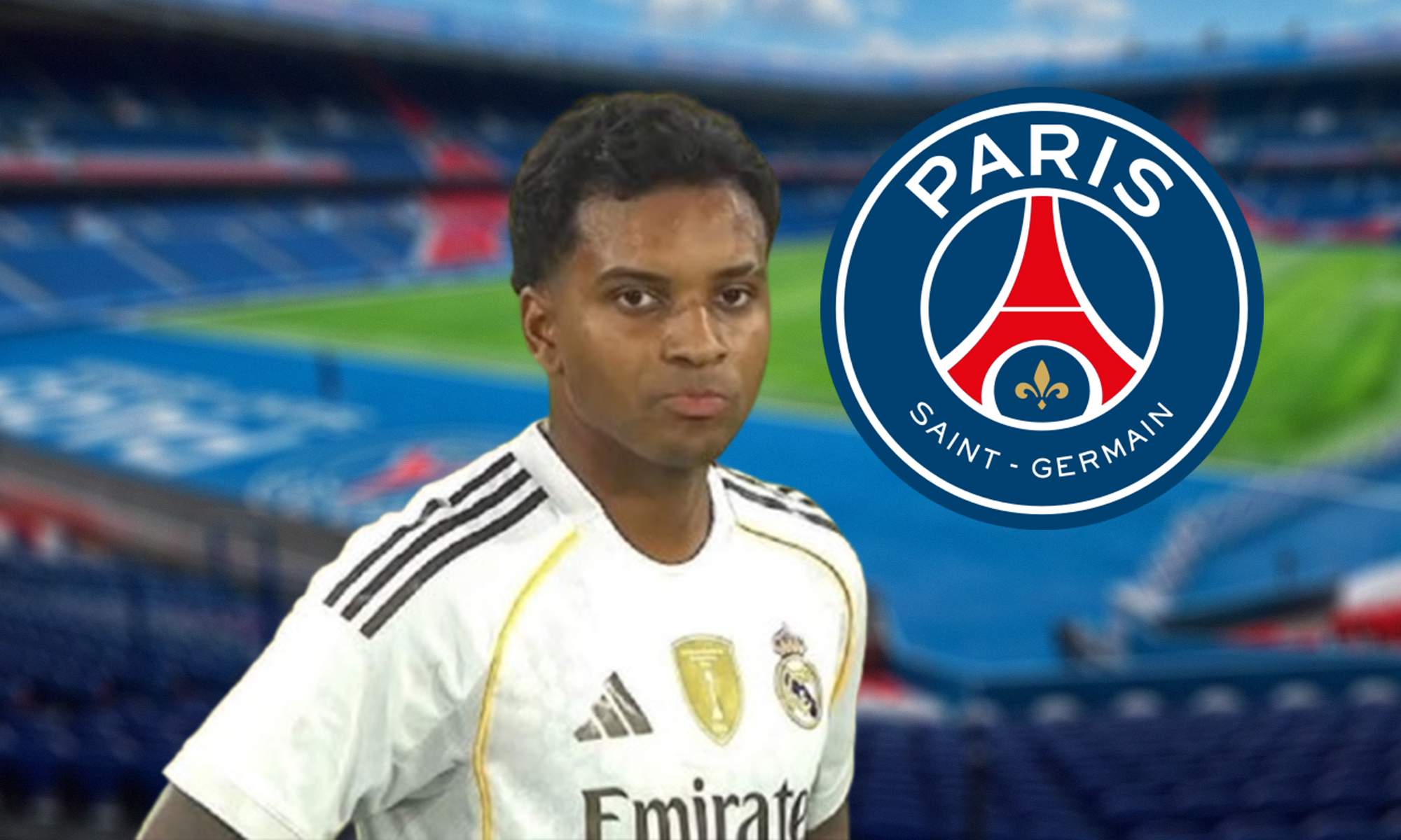 Rodrygo Goes, el Parque de los Príncipes y el escudo del PSG.