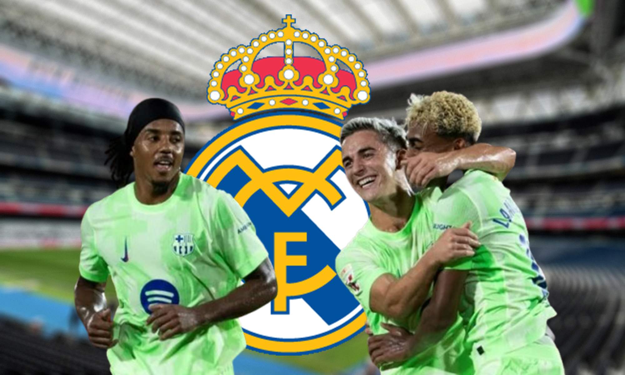 Jugadores del Barcelona celebrando, escudo del Real Madrid y el Santiago Bernabéu.