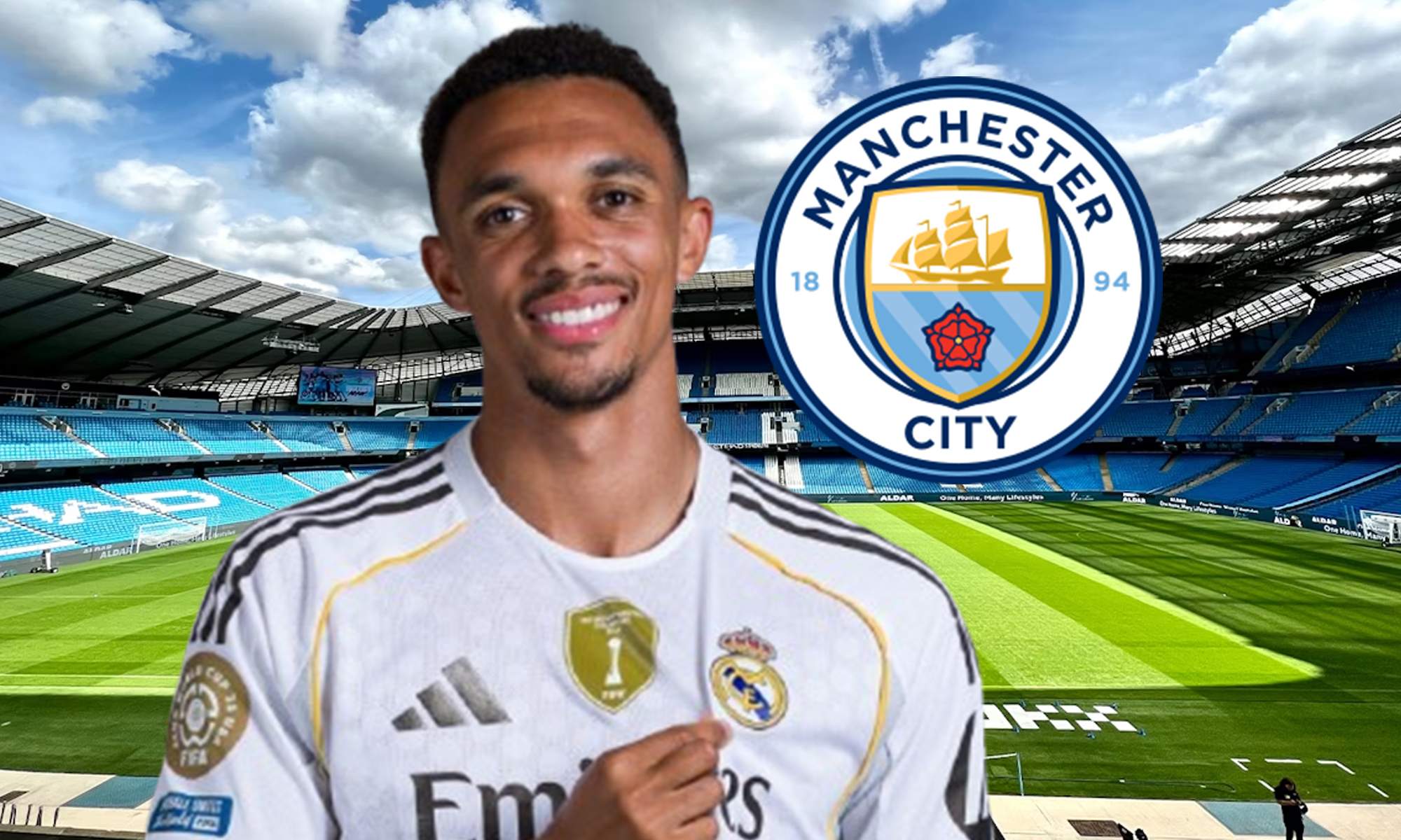 Trent Alexander-Arnold, escudo del Manchester City y el Etihad Stadium.