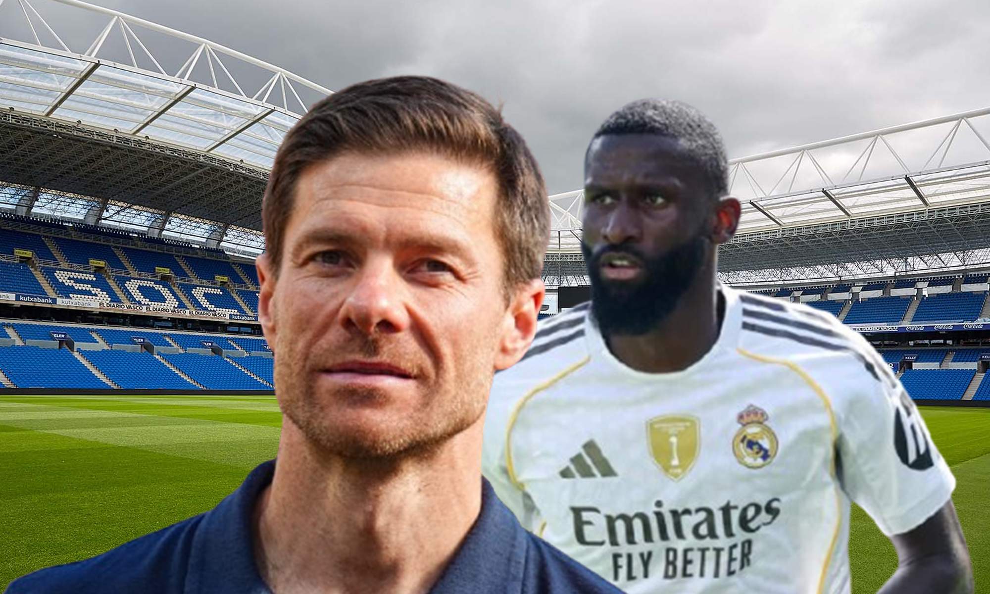 Xabi Alonso, una foto de Antonio Rüdiger jugando con el Real Madrid y el estadio de Anoeta.  Xabi Alonso, una foto de Antonio Rüdiger jugando con el Real Madrid y el estadio de Anoeta.