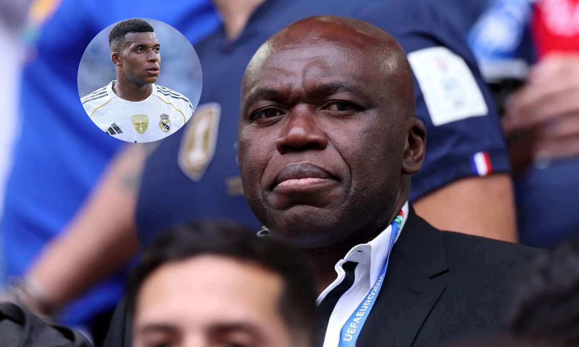 Wilfried Mbappé en una grada y una foto de Kylian Mbappé con el Real Madrid. Wilfried Mbappé en una grada y una foto de Kylian Mbappé con el Real Madrid.