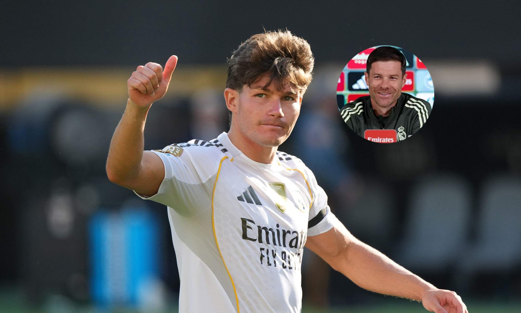 Fran García jugando con el Real Madrid y una foto de Xabi Alonso. Fran García jugando con el Real Madrid y una foto de Xabi Alonso.