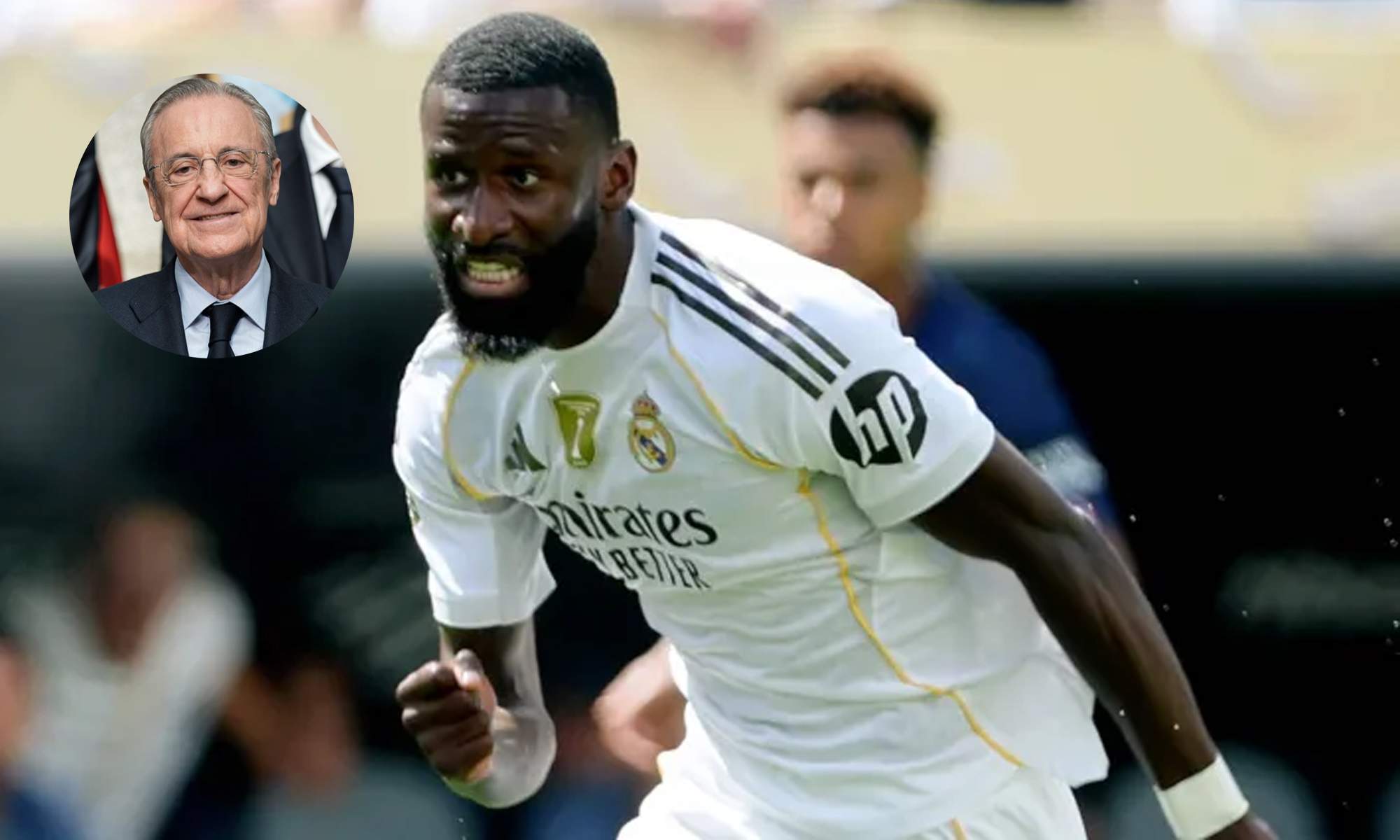 Antonio Rüdiger jugando un partido con el Real Madrid y una foto de Florentino Pérez.