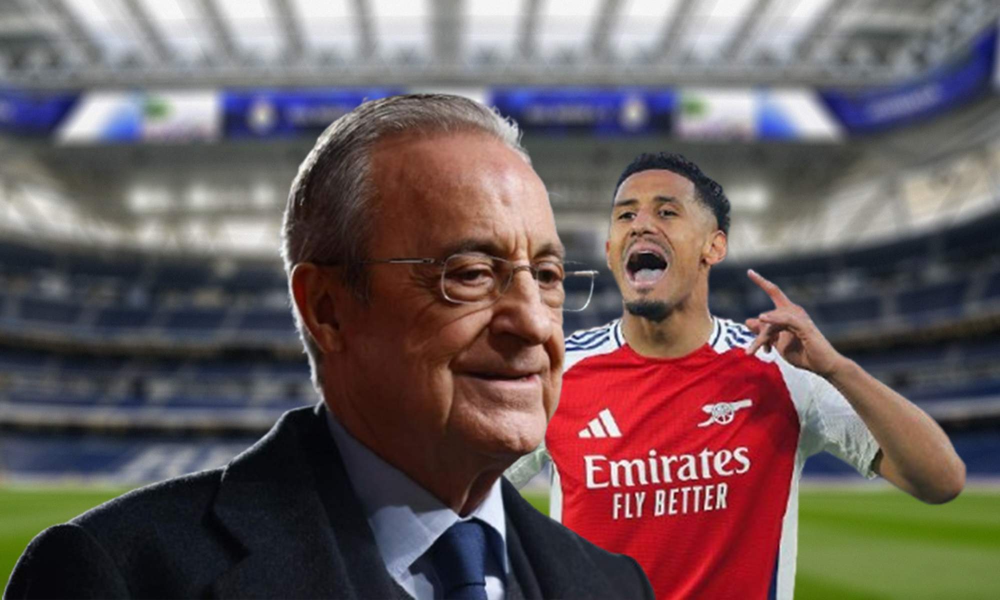 Florentino Pérez, William Saliba y el Santiago Bernabéu. Florentino Pérez, William Saliba y el Santiago Bernabéu.