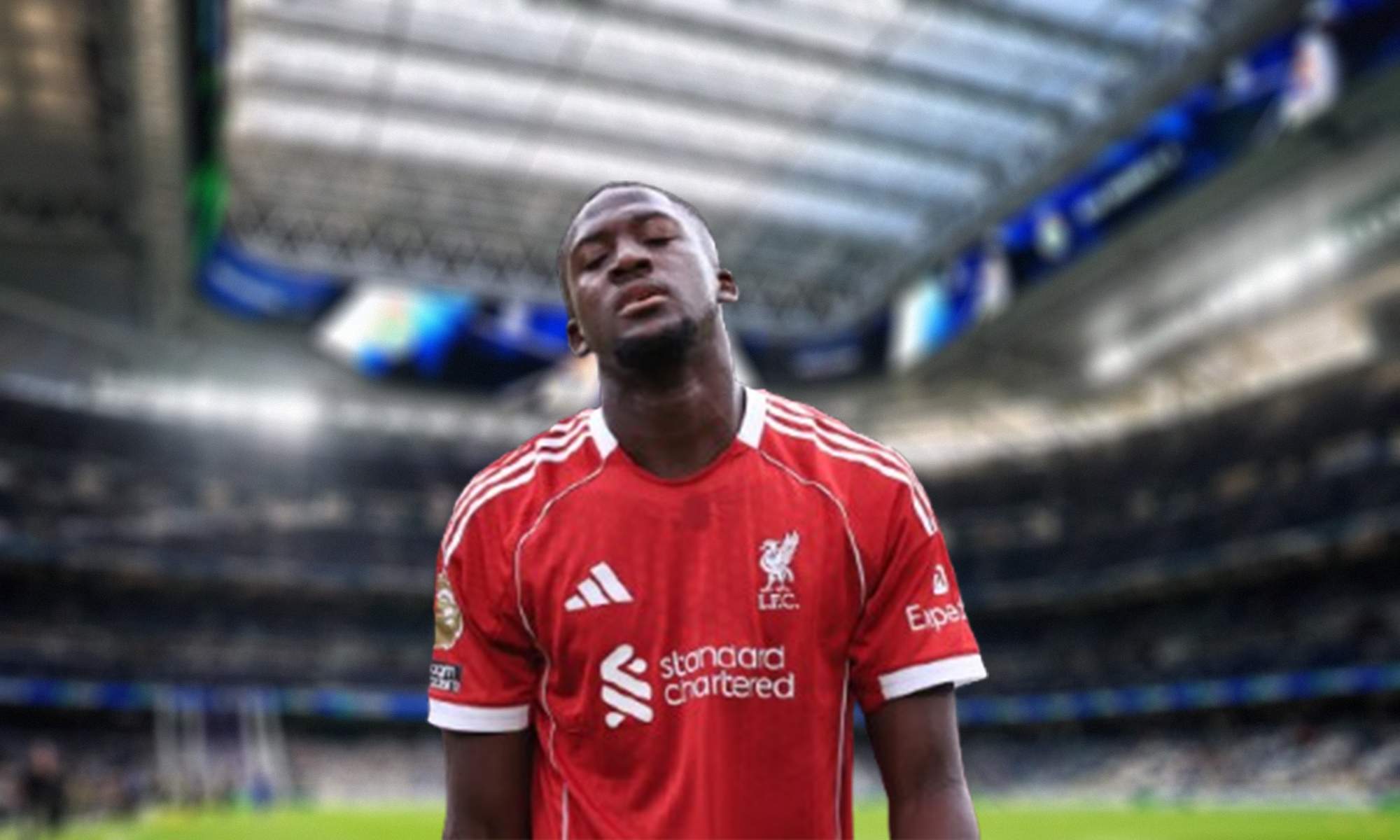 Ibrahima Konaté jugando con el Liverpool y el Santiago Bernabéu. Ibrahima Konaté jugando con el Liverpool y el Santiago Bernabéu.