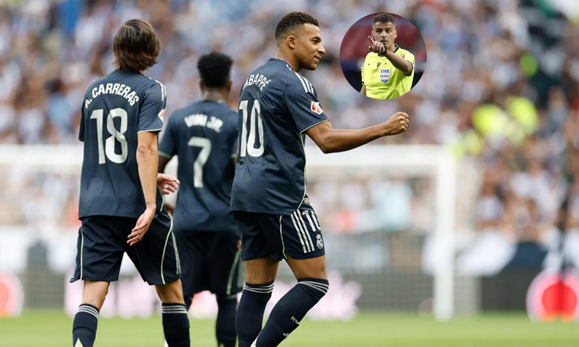 Jugadores del Real Madrid celebrando un gol y Gil Manzano.  Jugadores del Real Madrid celebrando un gol y Gil Manzano.