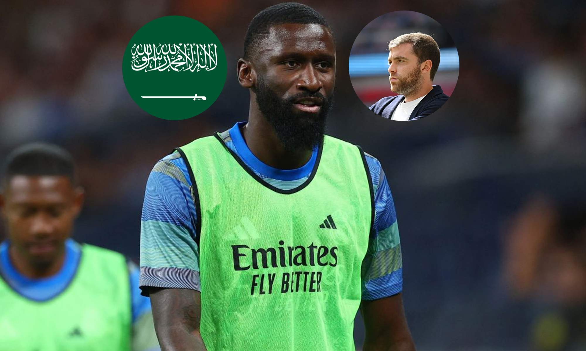 Antonio Rüdiger, la bandera de Arabia Saudí y una foto de Fabrizio Romano. Antonio Rüdiger, la bandera de Arabia Saudí y una foto de Fabrizio Romano.