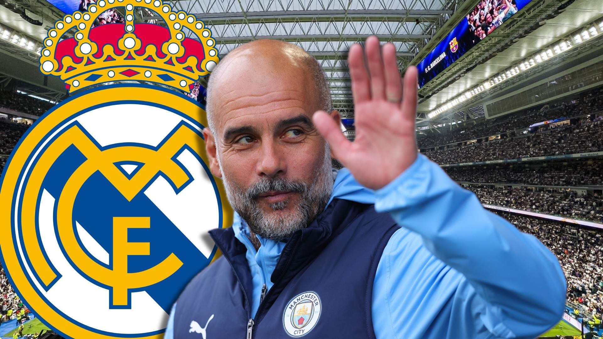 Pep Guardiola y escudo Real Madrid