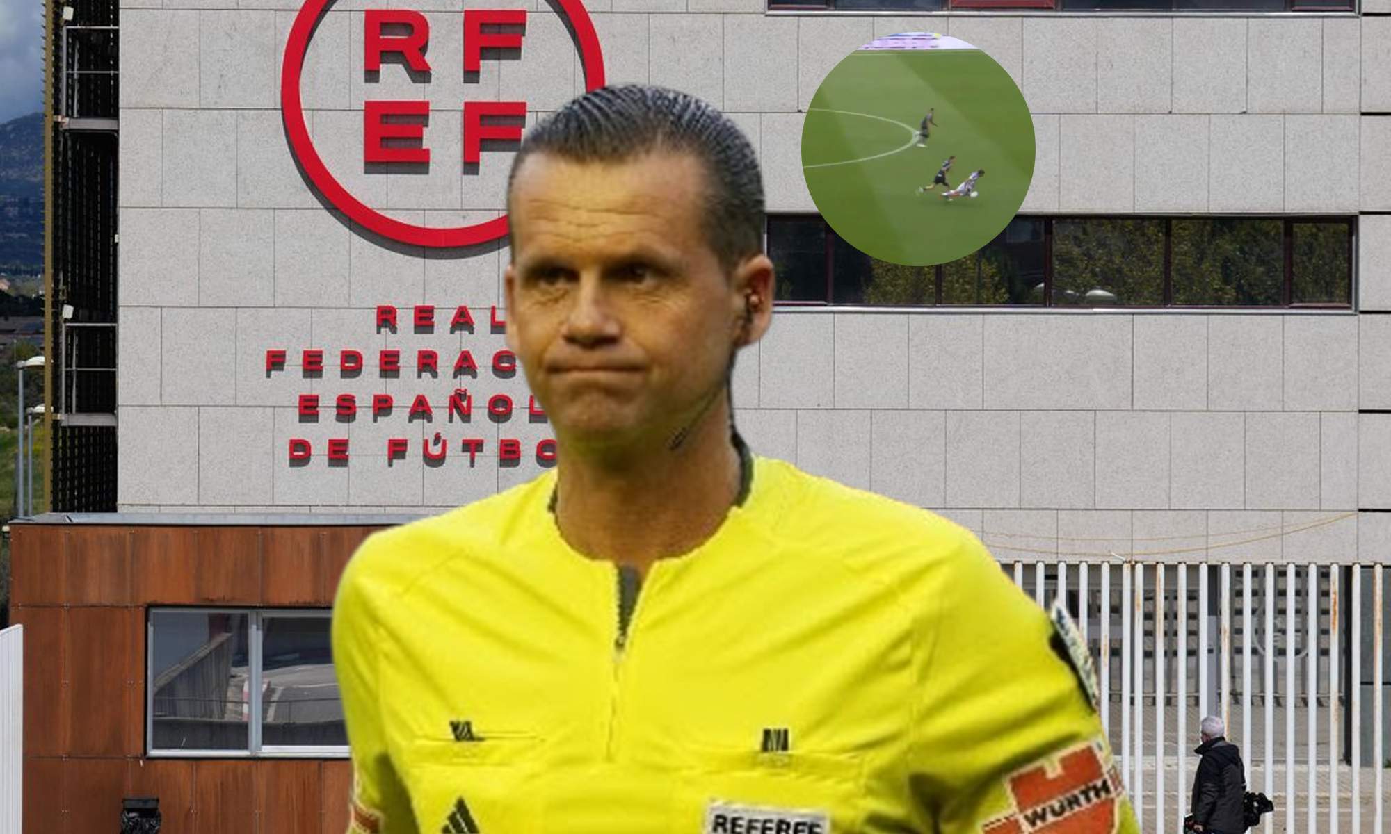 Muñiz Fernández, la sede de la RFEF y una captura de la expulsión de Huijsen.