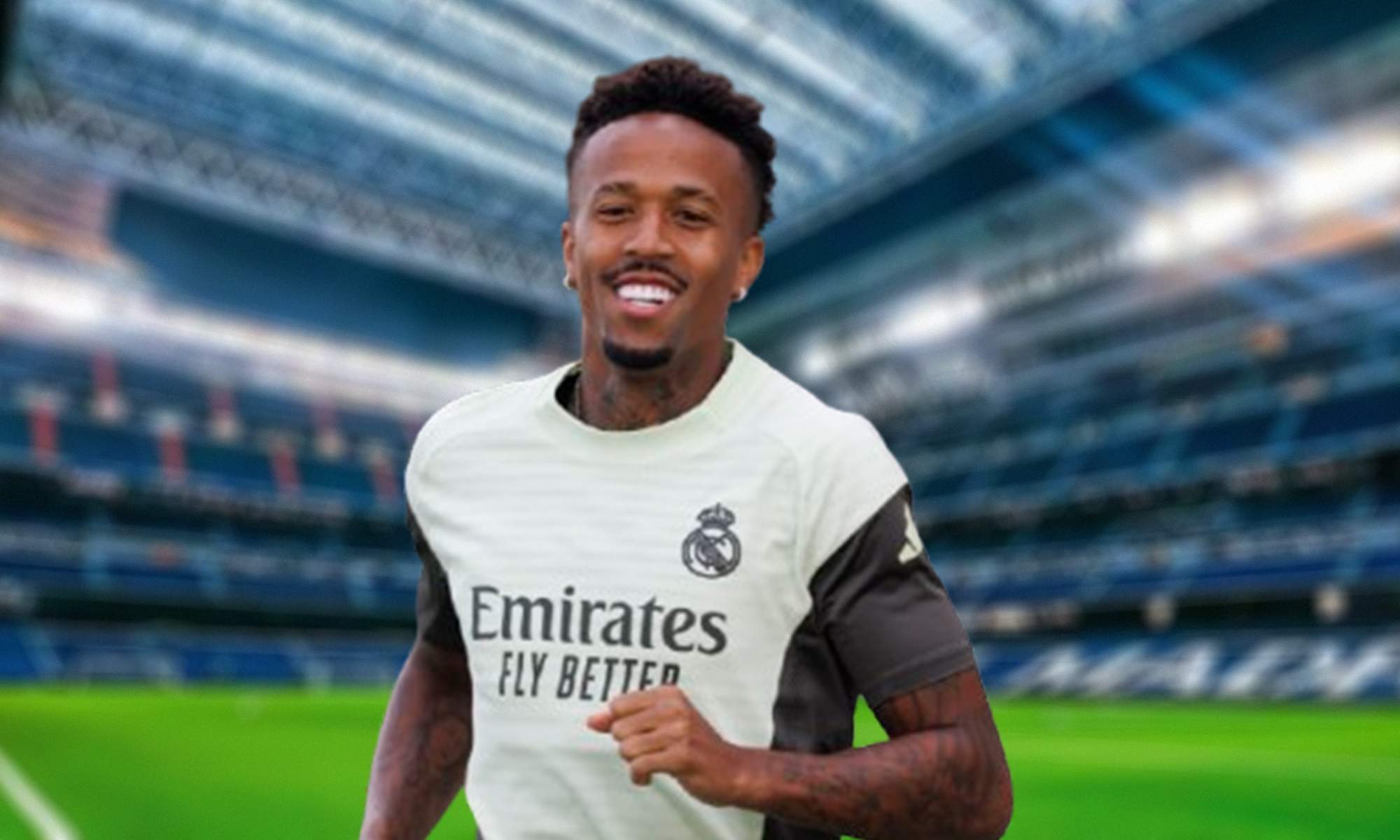 Eder Militao calentando y el Santiago Bernabéu.