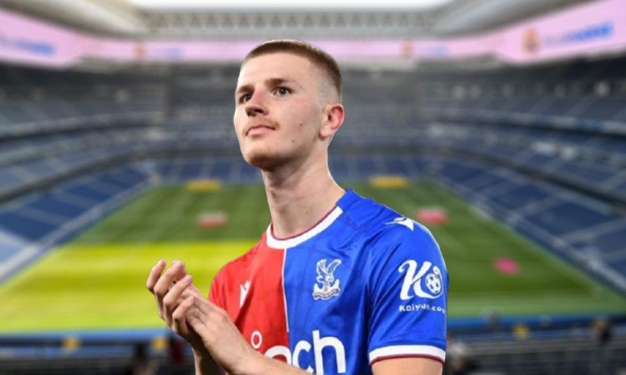 Adam Wharton con la camiseta del Crystal Palace y el Santiago Bernabéu.