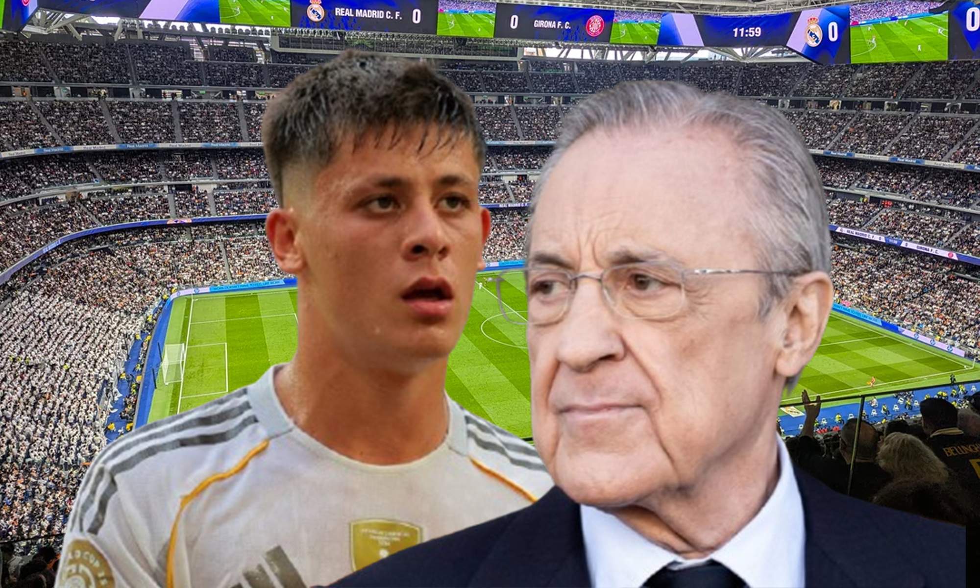 Arda Güler, Florentino Pérez y el Santiago Bernabéu. Arda Güler, Florentino Pérez y el Santiago Bernabéu.