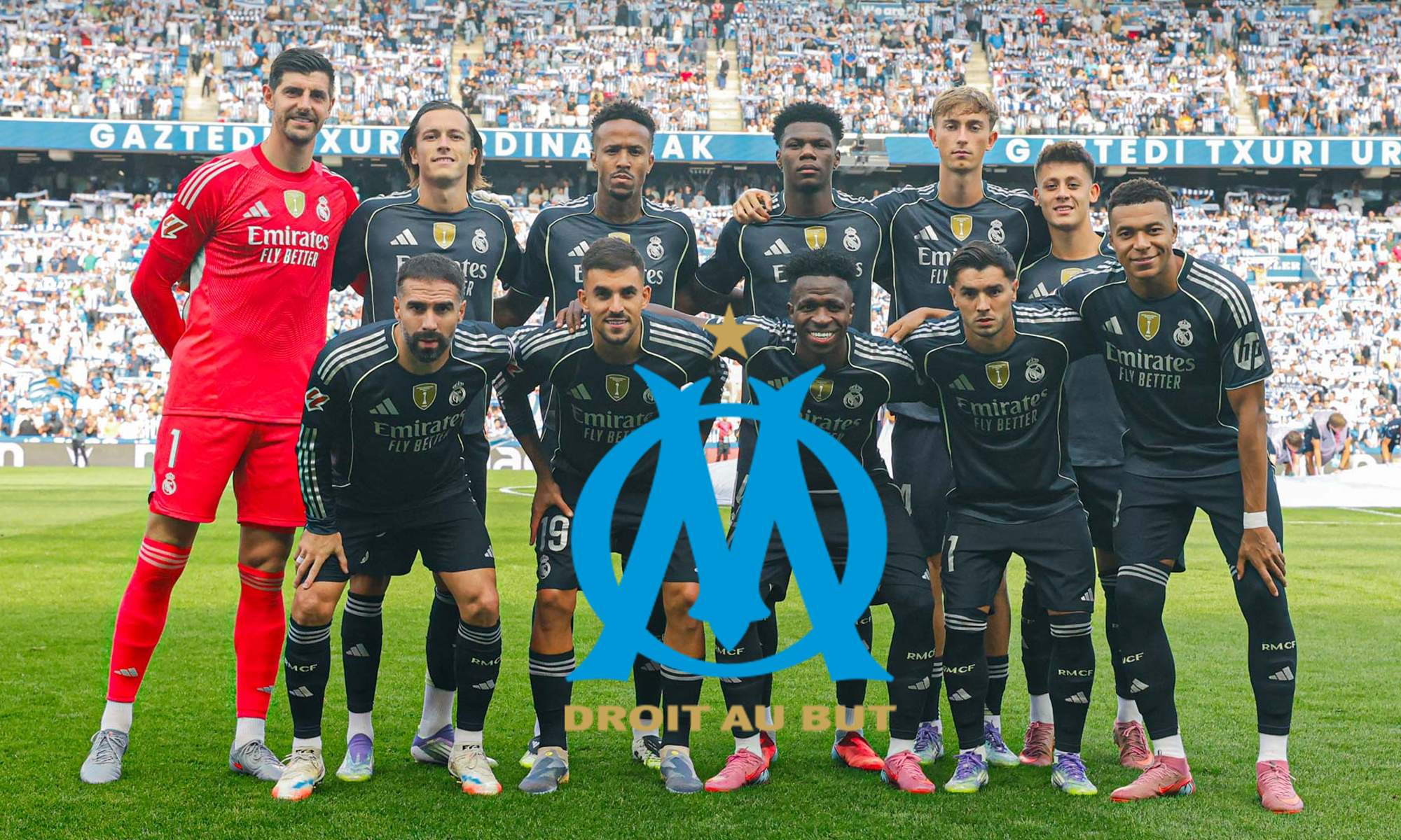 Once del Real Madrid contra la Real Sociedad y el escudo del Olympique de Marsella. Once del Real Madrid contra la Real Sociedad y el escudo del Olympique de Marsella.