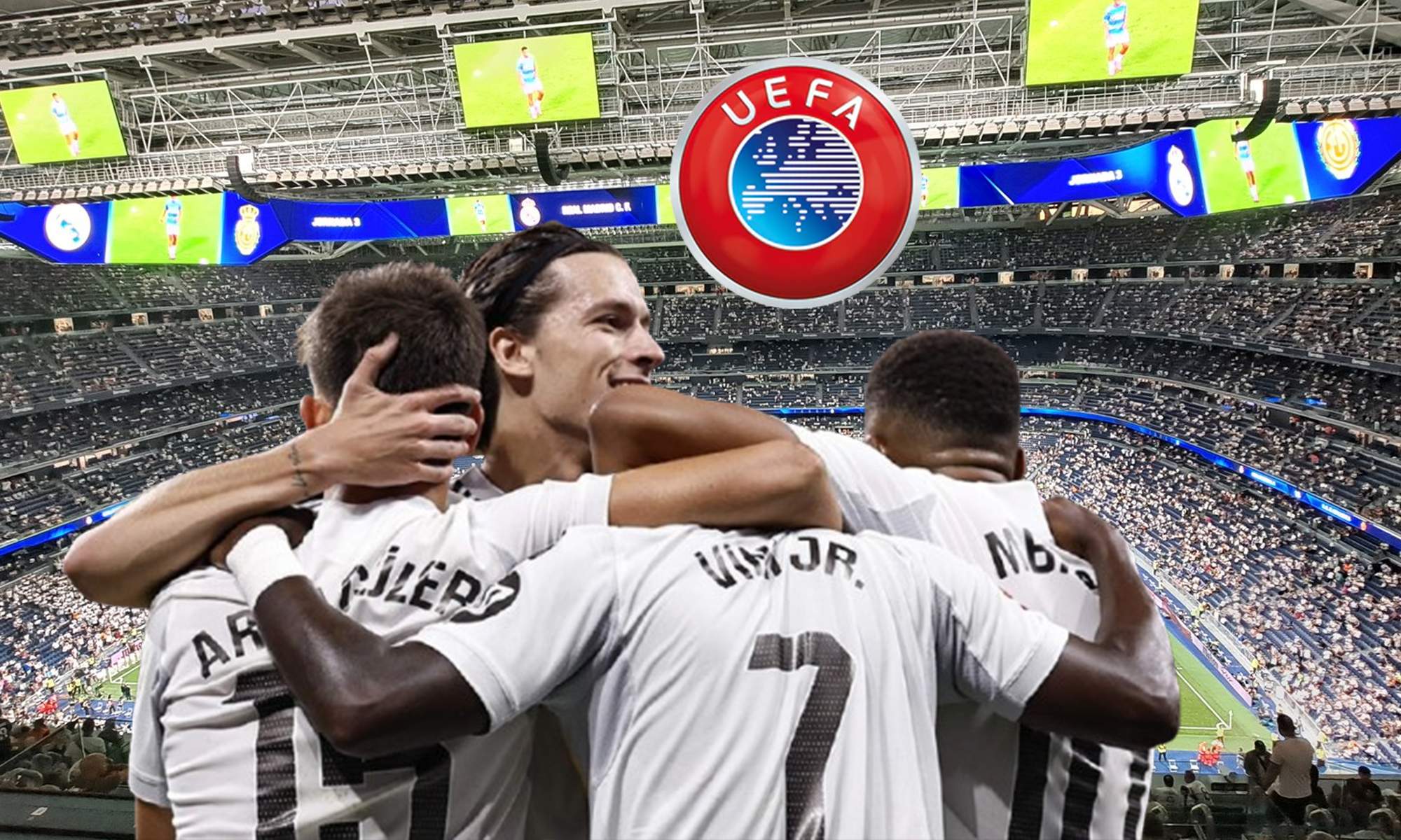 Jugadores del Real Madrid, el logo de la UEFA y el Santiago Bernabéu. Jugadores del Real Madrid, el logo de la UEFA y el Santiago Bernabéu.