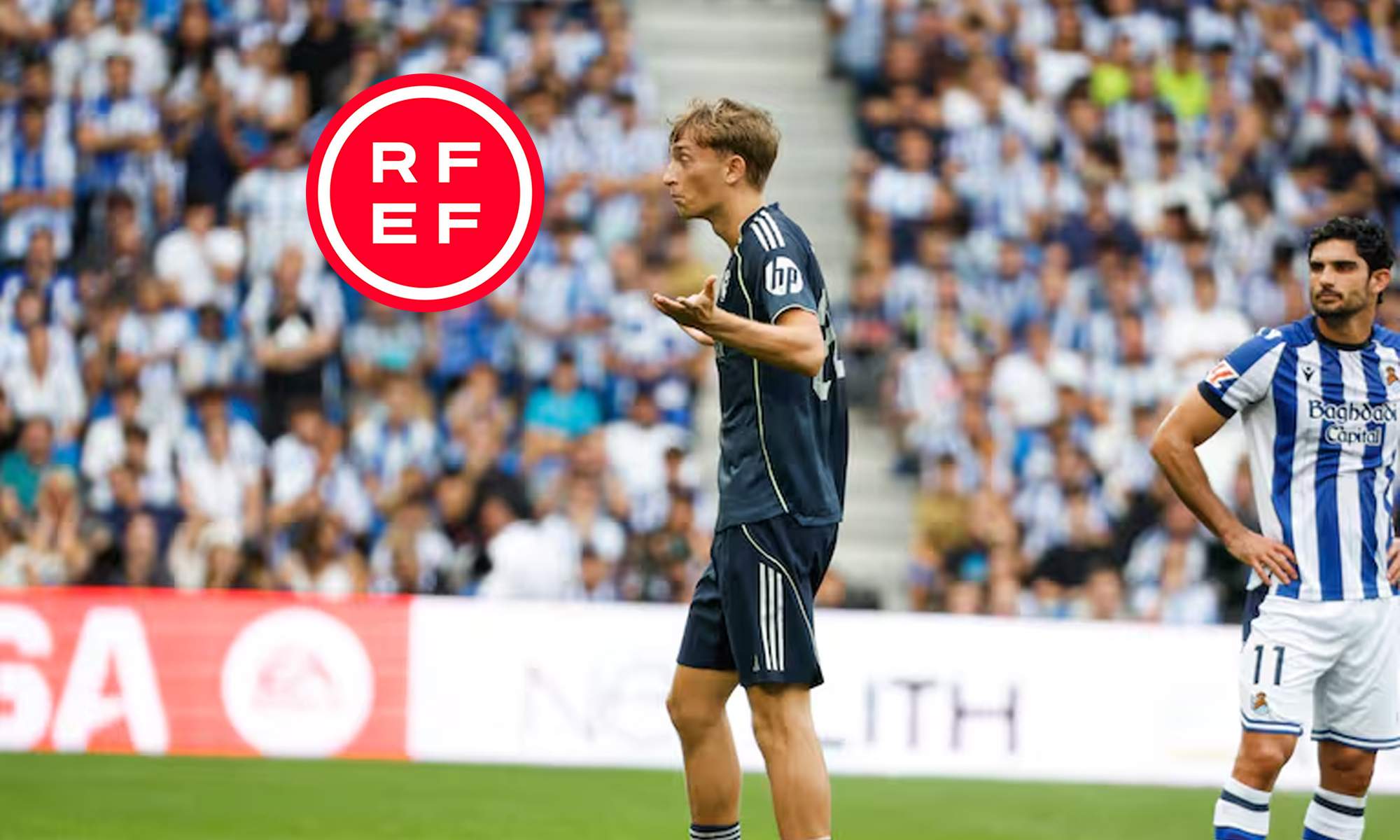 Dean Huijsen después de ser expulsado y el logo de la RFEF.