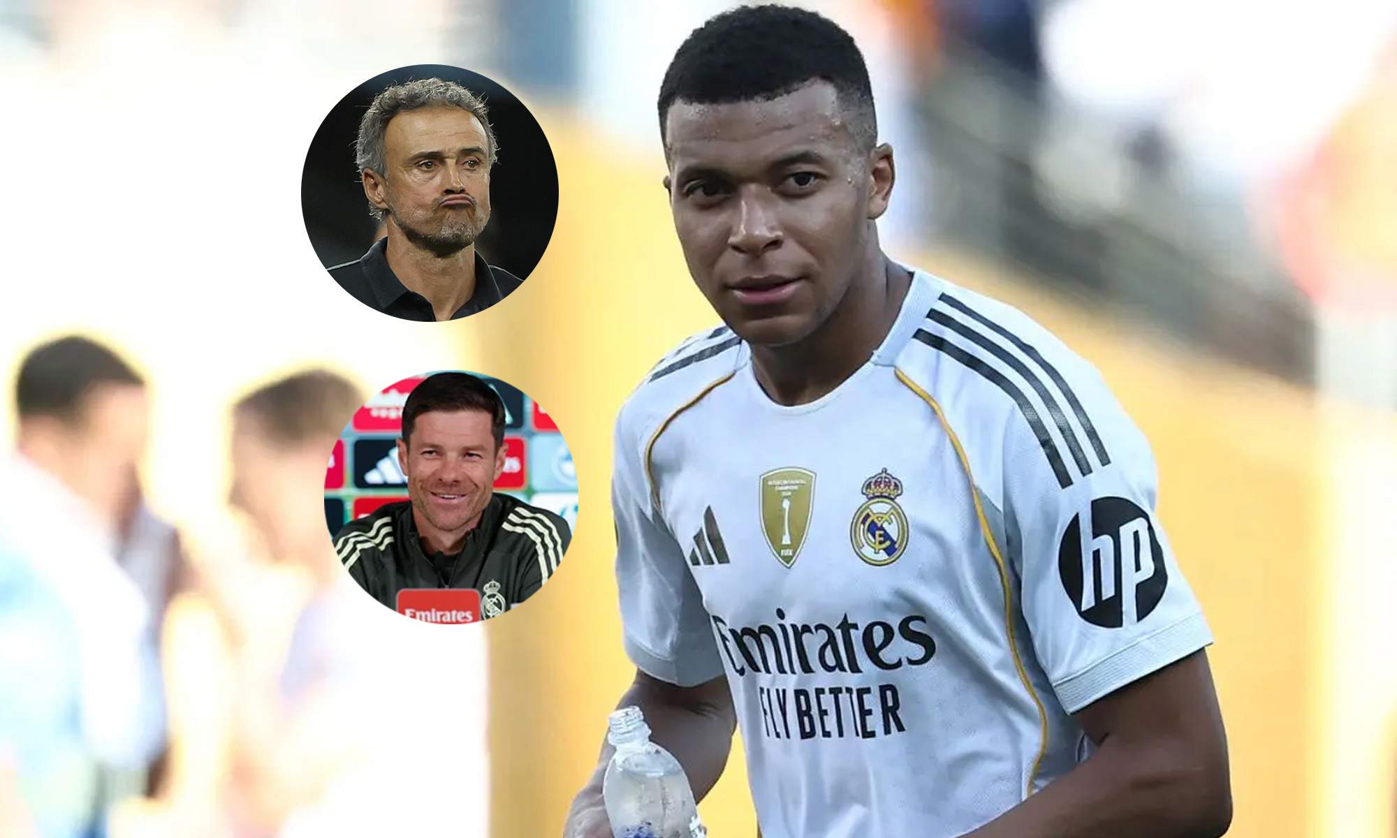Kylian Mbappé jugando con el Real Madrid y unas fotos de Xabi Alonso y Luis Enrique.