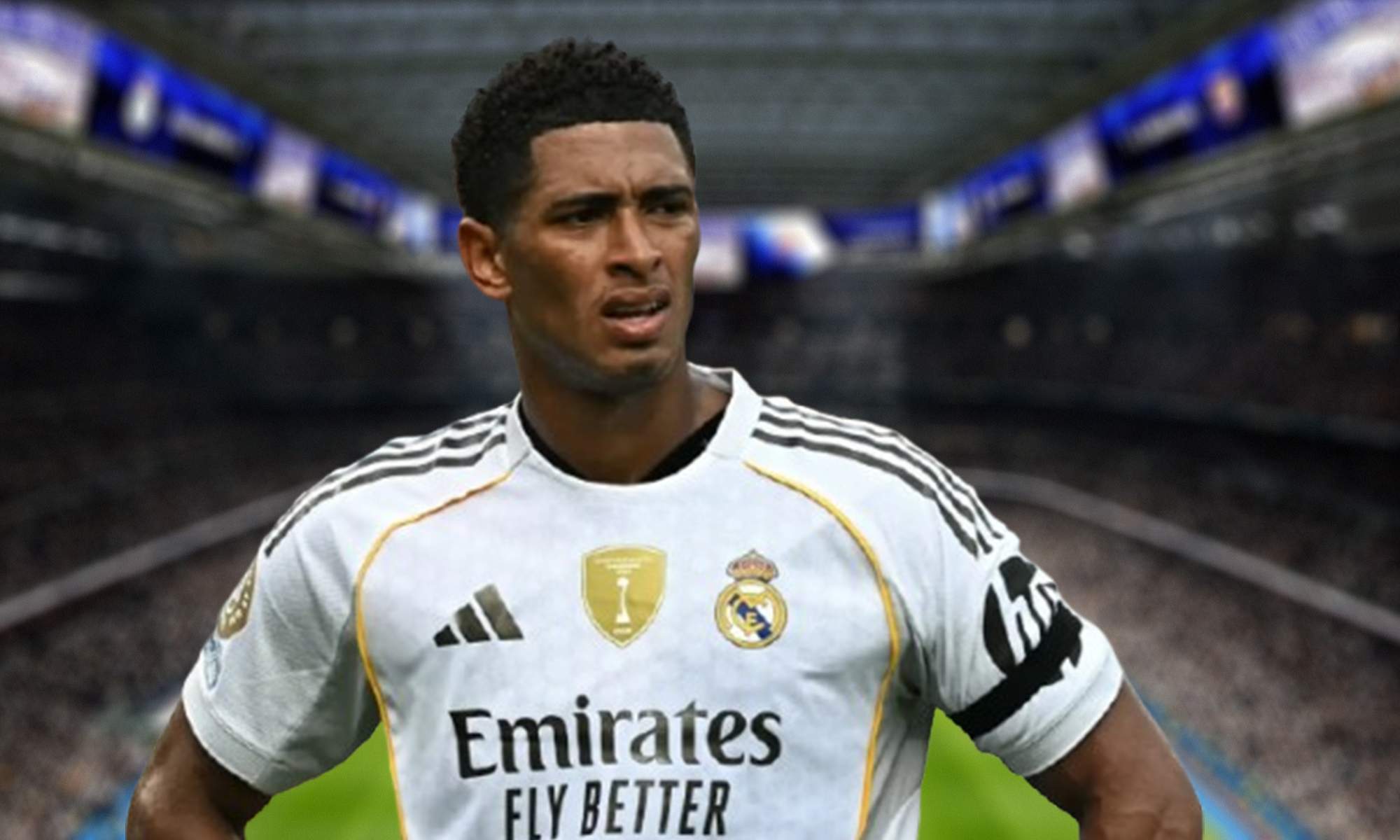 Jude Bellingham con la camiseta del Real Madrid y el Santiago Bernabéu.