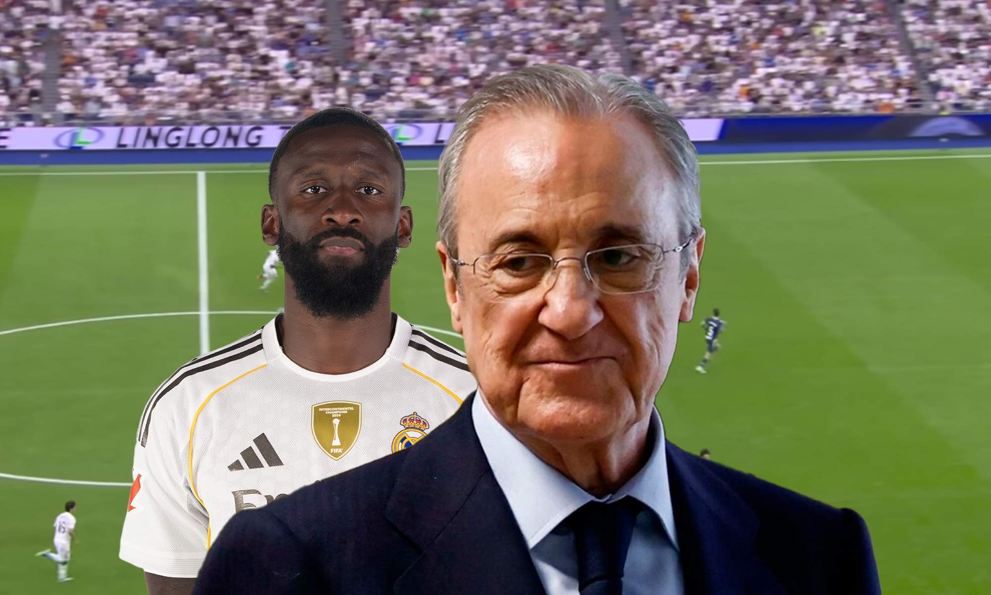 Florentino Pérez, Antonio Rüdiger y una captura del Real Madrid - Espanyol. 